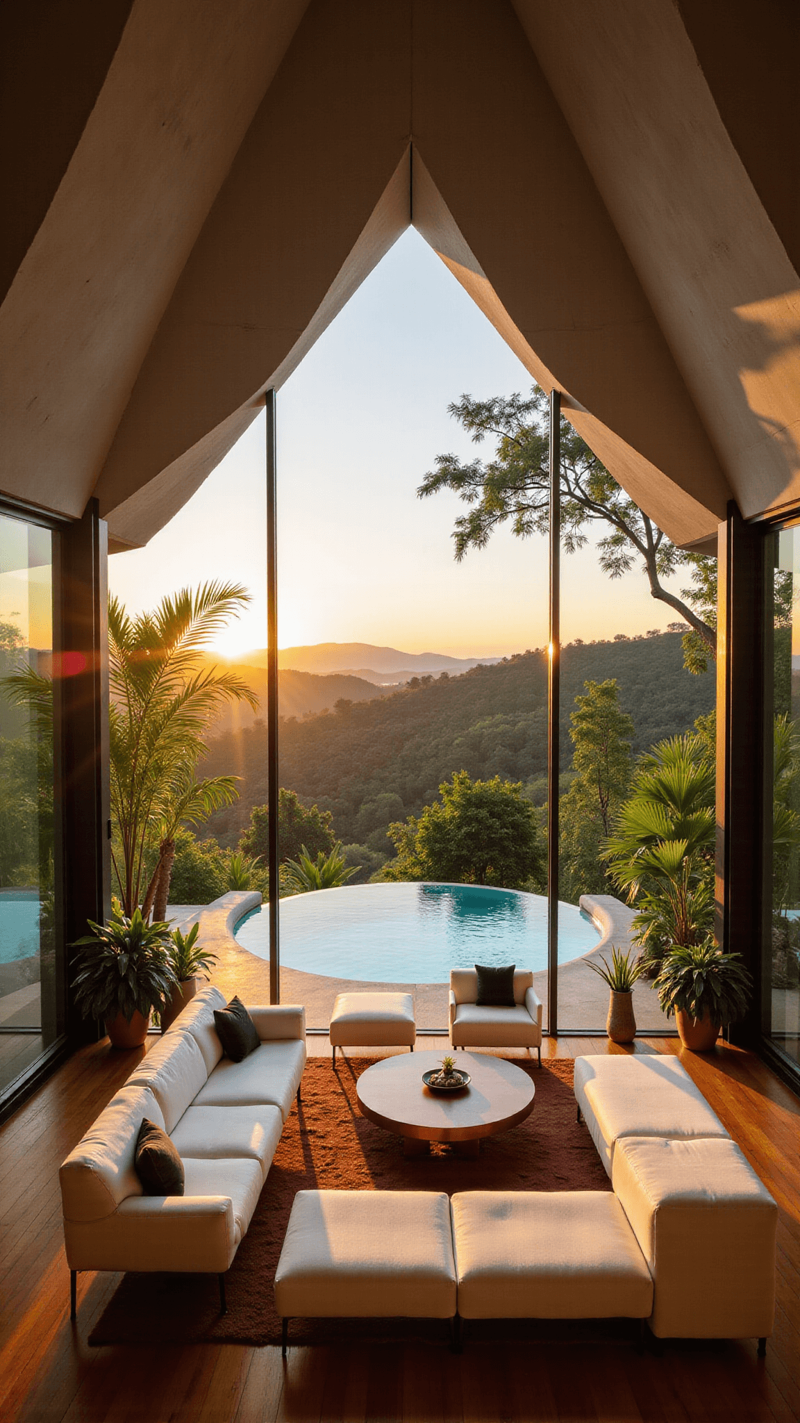Sunset view of Leaf House's open living space with curved concrete ceiling petals, white furniture, wooden floors, large windows framing Brazilian landscape, and an infinity pool visible through glass wall.