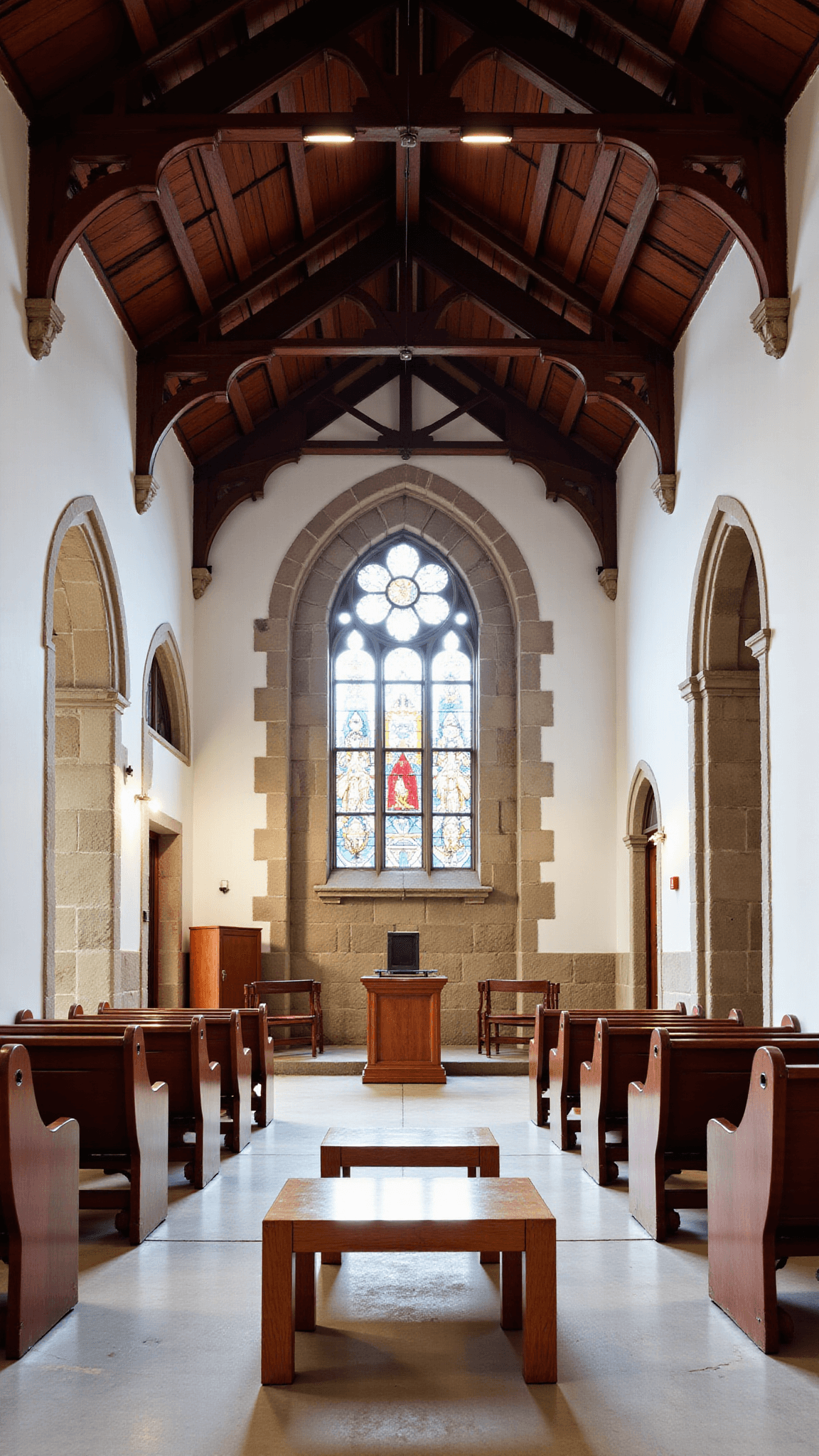 Interior of converted Gothic church showcasing stained glass windows, carved stone details, contrasting modern minimalist furniture and original wooden beams against polished concrete floors, captured in late morning light.