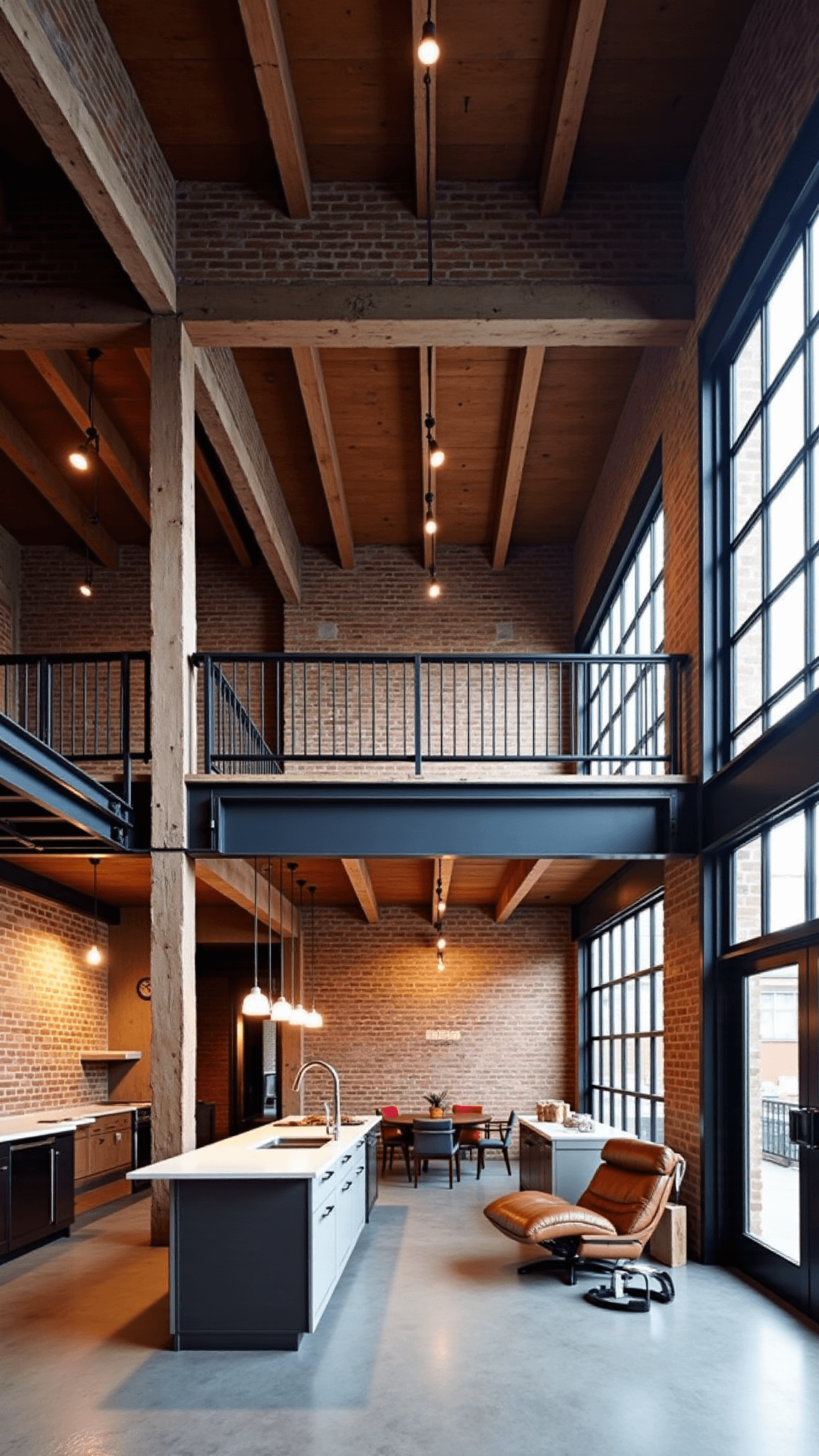 Industrial loft in a former textile mill featuring 25ft exposed brick walls, massive steel-framed windows, wooden beams, polished concrete floors, modern kitchen island, vintage lighting fixtures, and mid-century leather and chrome furniture, photographed during the blue hour with warm interior lighting.
