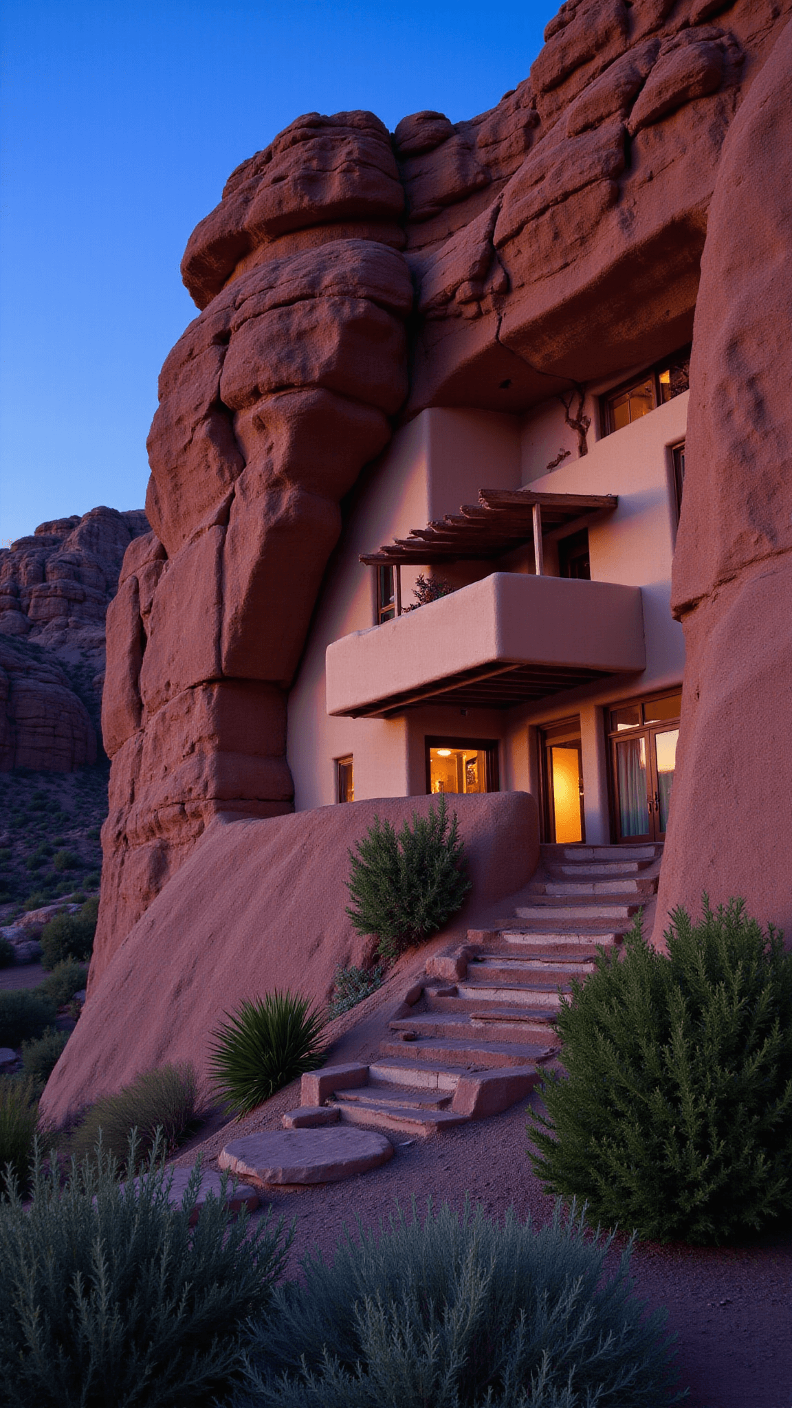 Adobe cliff dwelling with wooden beams and glowing windows set in red rock face at dusk, New Mexico