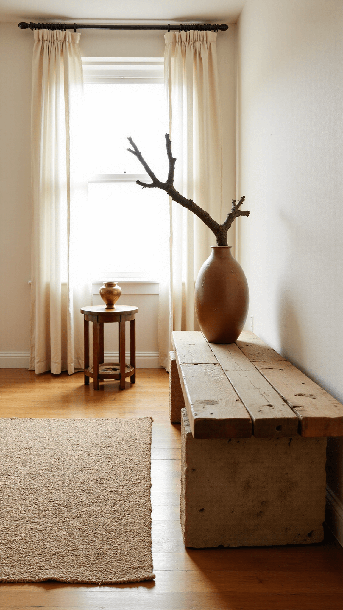 Serene living room bathed in golden hour light, featuring weathered oak floors, a wooden bench, a ceramic vase on a stone console, limestone white walls, a natural fiber rug, and a copper floor lamp.