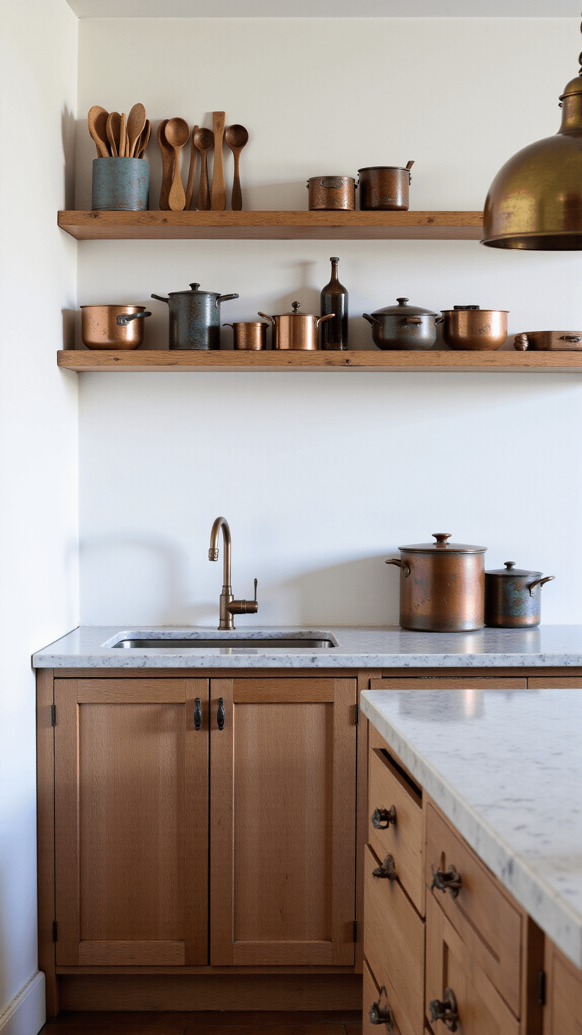 Blue hour shot of a functional, lived-in 12x15ft kitchen featuring soapstone counters, reclaimed timber shelving, wooden spoons with patina, verdigris copper pots, chalky white walls, and vintage pendant lights.