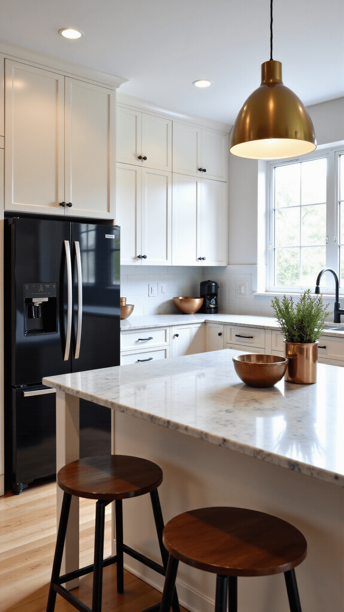 Modern kitchen interior with white shaker cabinets, black stainless steel appliances, cream quartzite countertops and brass pendant lights over island, illuminated by early morning sunlight.
