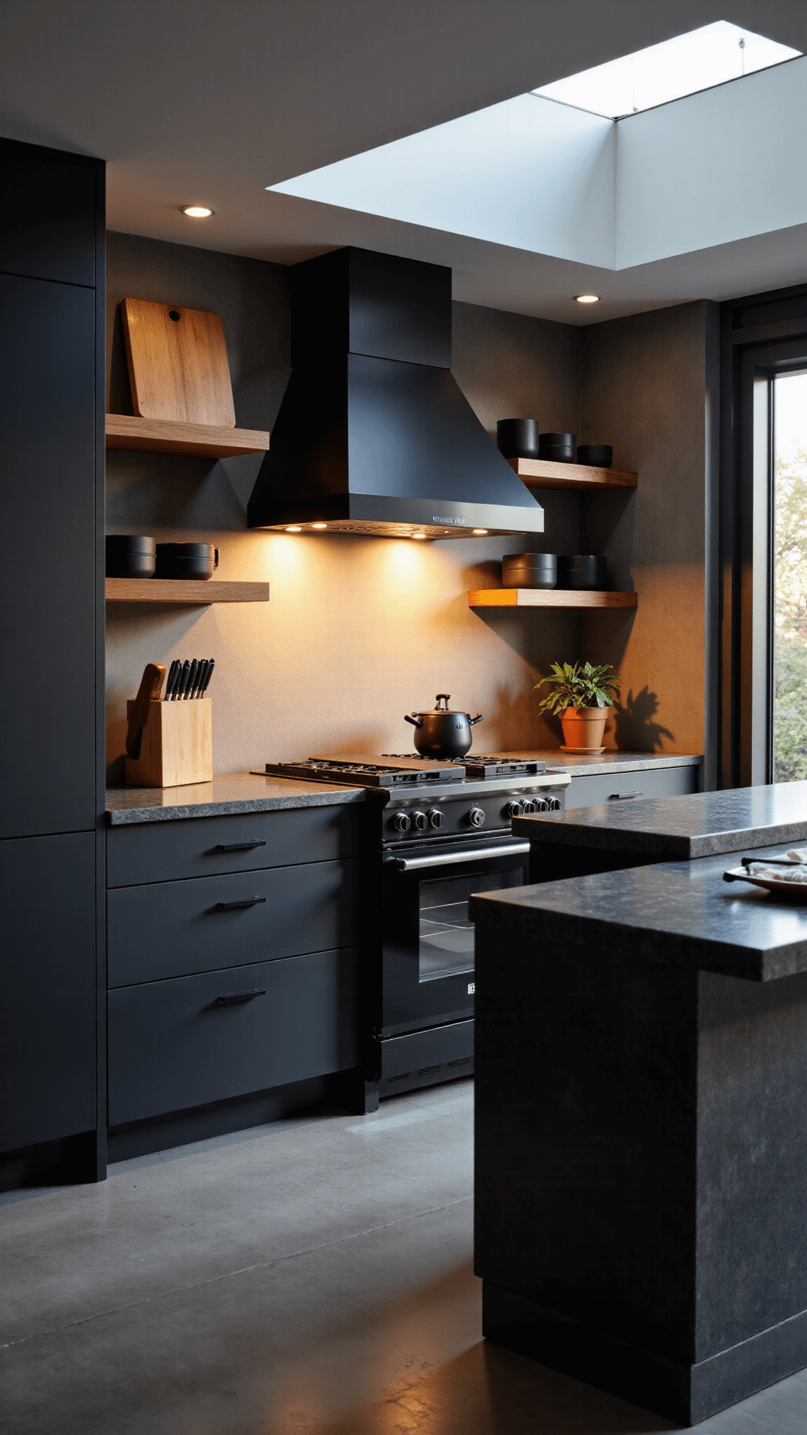 Charcoal gray kitchen interior with golden hour lighting highlighting black stainless steel range, dark soapstone island, and matte black ceramics on floating shelves.