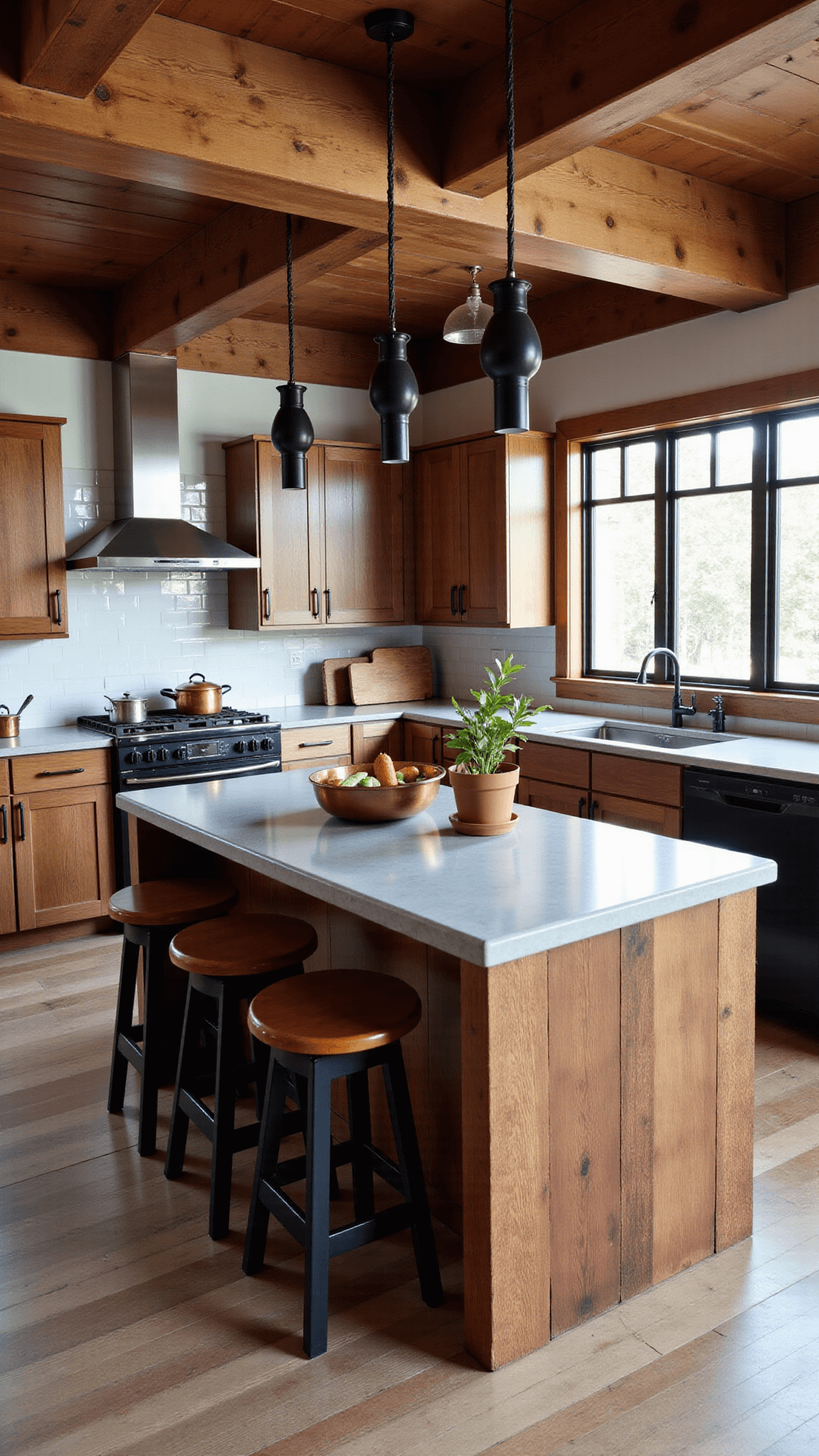 Rustic modern kitchen with walnut cabinets, black stainless steel appliances, large reclaimed wood island, and vintage pendant lights, richly bathed in afternoon light, showcasing copper cookware and market vegetables.