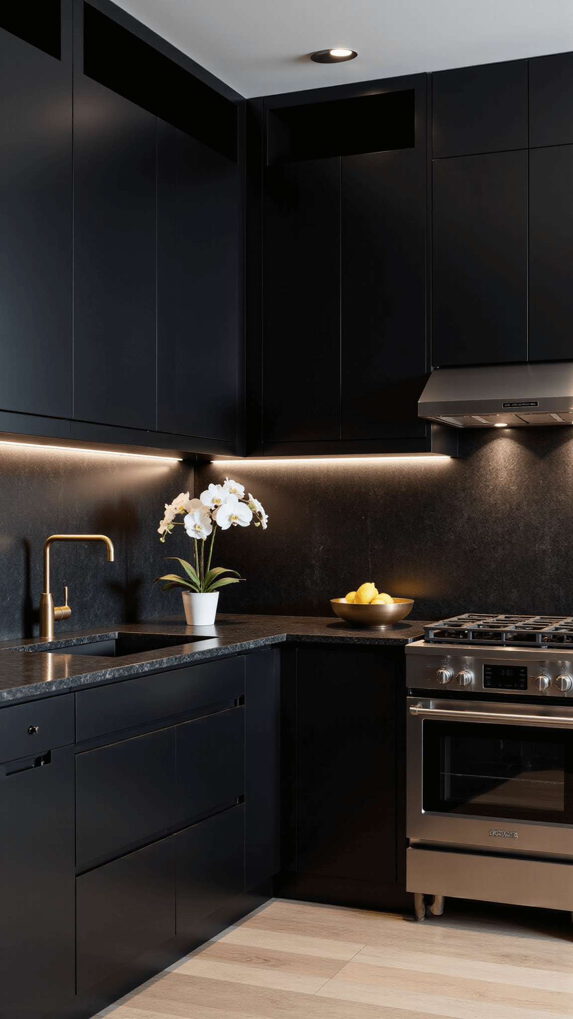Minimalist black kitchen with LED-lit floating shelves, black stainless steel appliances, granite countertops, brass pendant, and stylish decor featuring a white orchid and geometric fruit bowl, captured from bird's eye view in a moody evening setting.