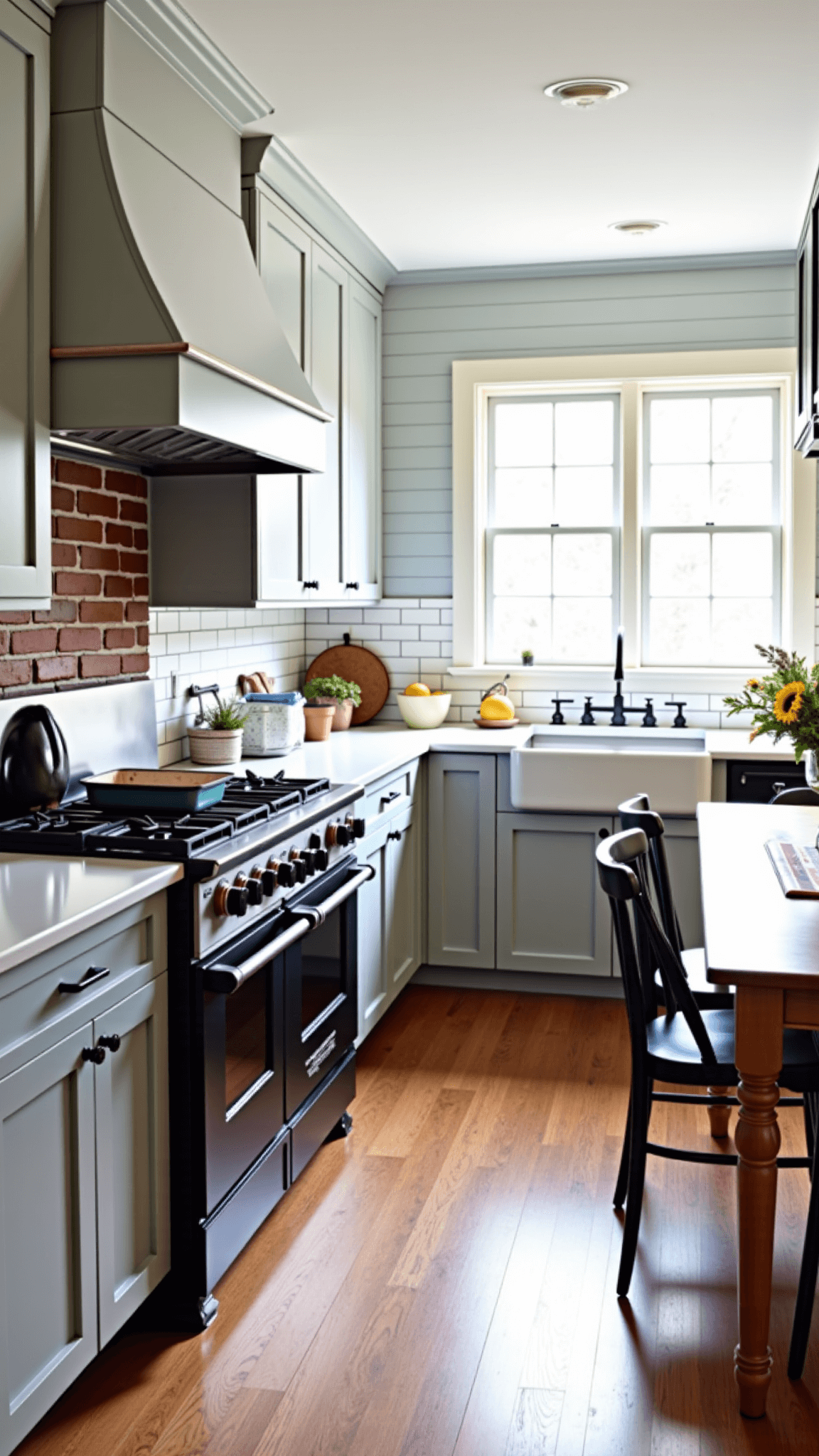 Bright, farmhouse chic kitchen with gray beadboard cabinets, black stainless steel range, subway tile backsplash, vintage decorations, and fresh flowers, bathed in morning light highlighted by mullioned windows and oak floors.