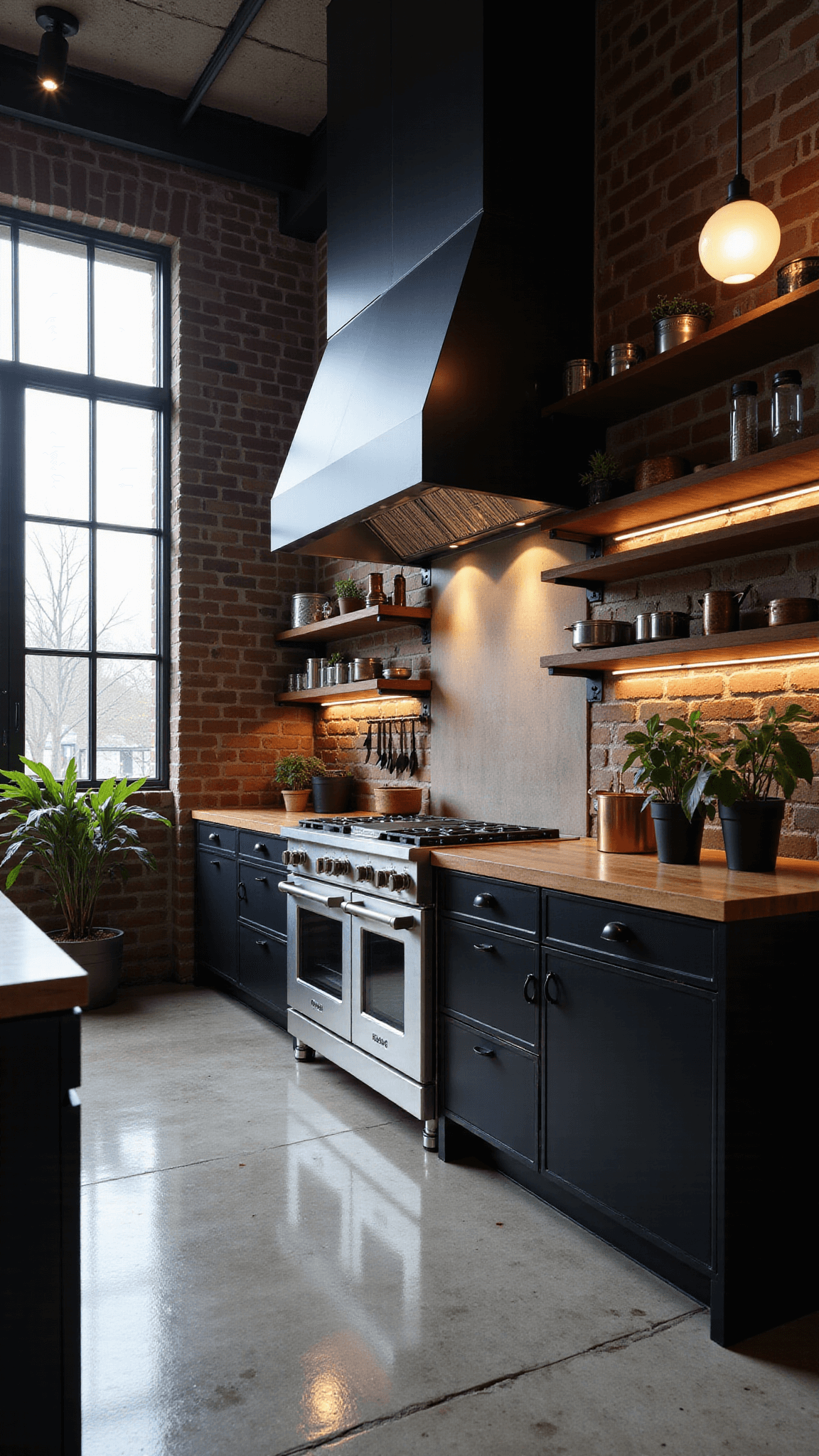 Industrial edge kitchen with polished concrete floors and dramatic uplighting on black cabinet wall, factory-style windows, and steel beam ceiling detail. Styled with professional cookware, knife collection, and architectural plants.