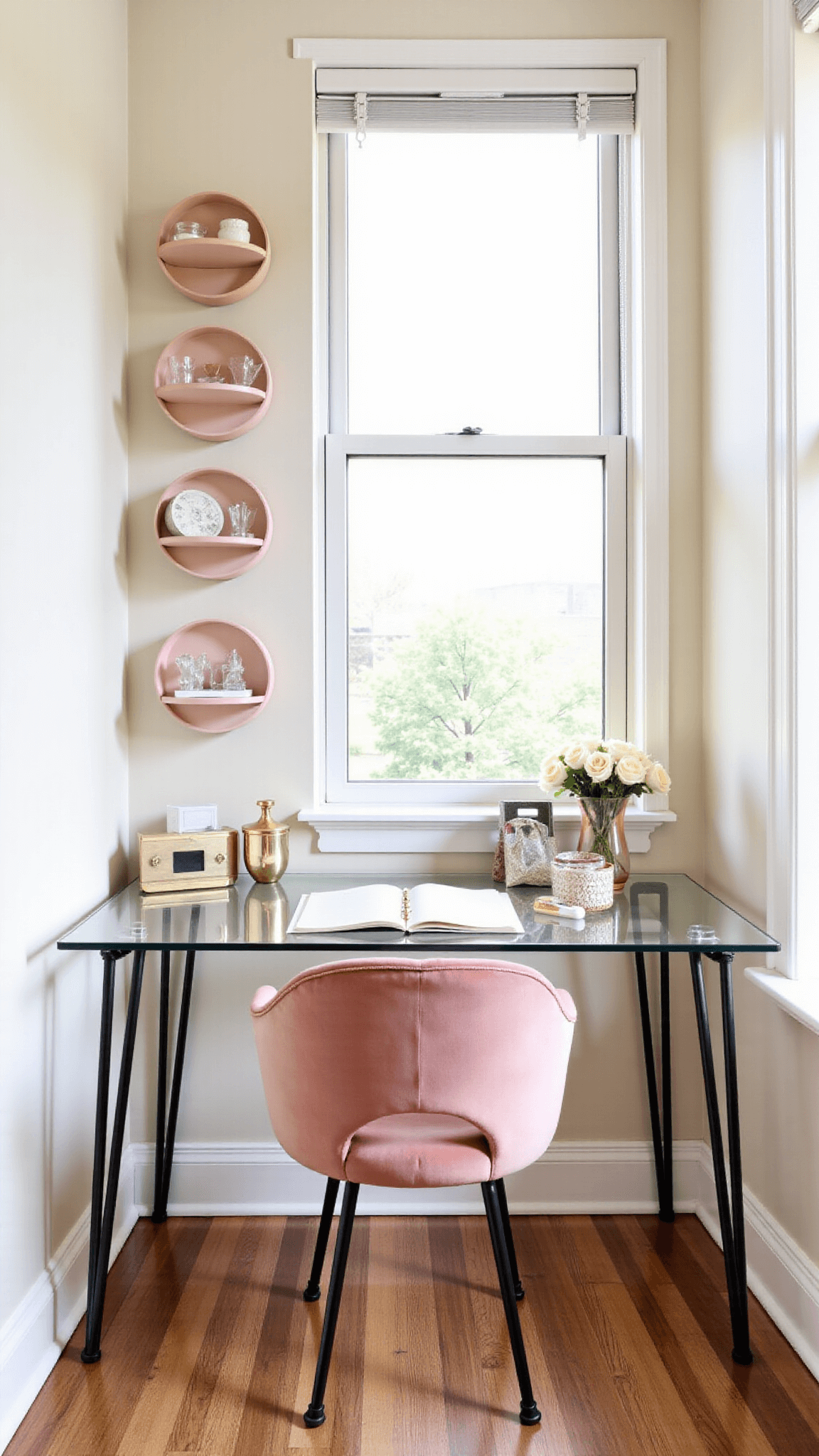 Early morning light illuminating a feminine styled workspace with a glass-top desk, blush pink velvet chair, floating circular shelves, and decorative elements in creams, pinks, and gold.