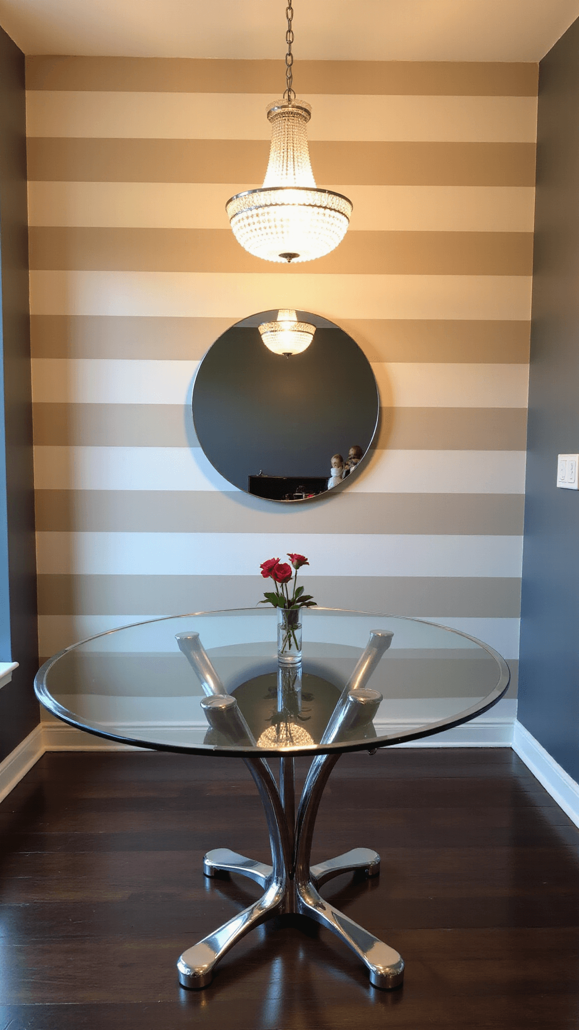 Sunset-lit dining room with cream and white striped feature wall, glass table, oversized round mirror and crystal chandelier.