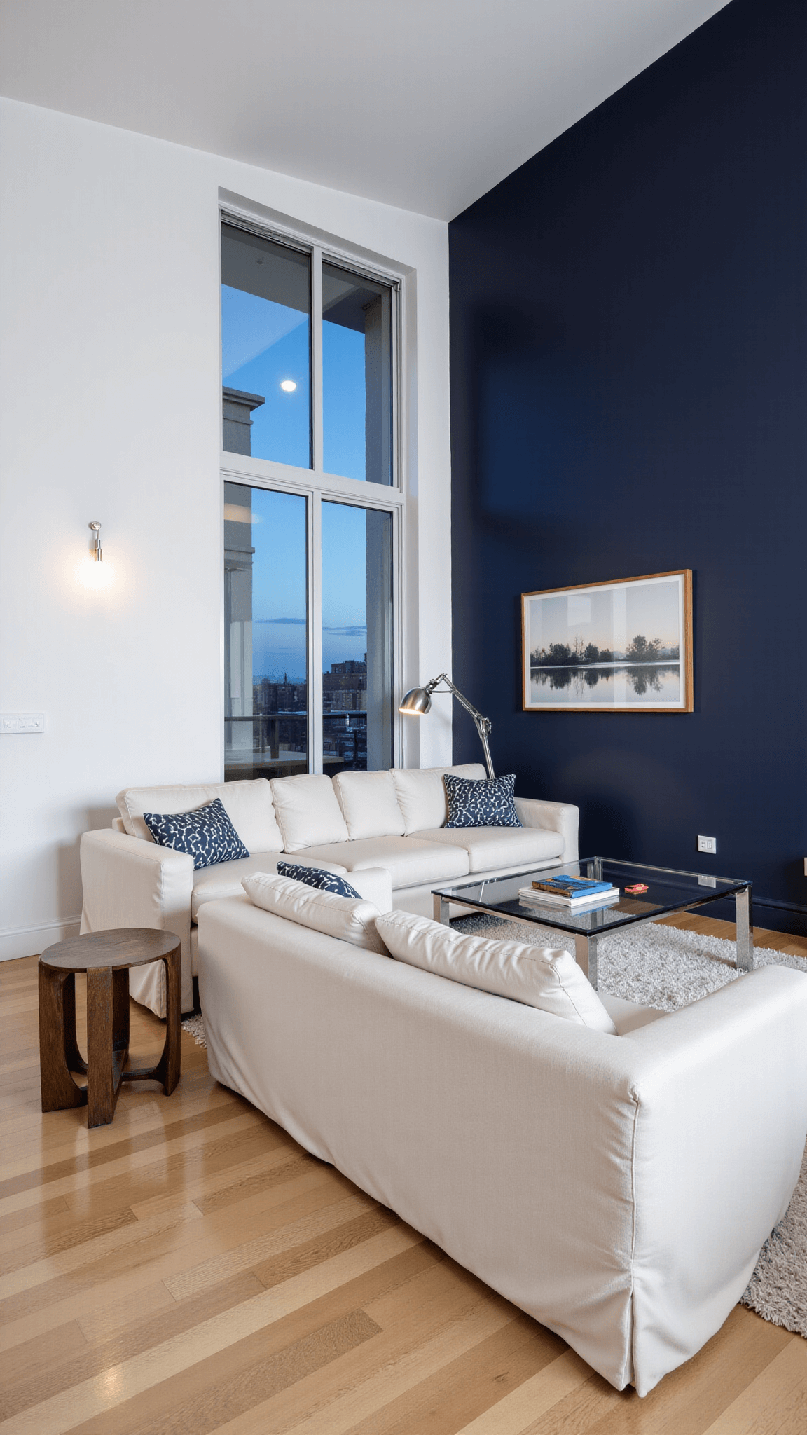 Elevated view of a 16x20 feet studio apartment with white walls, navy accent wall, pale oak floors, floor-to-ceiling windows with sheer drapes, raised light linen sectional, glass coffee table, and various lighting zones captured at dusk.