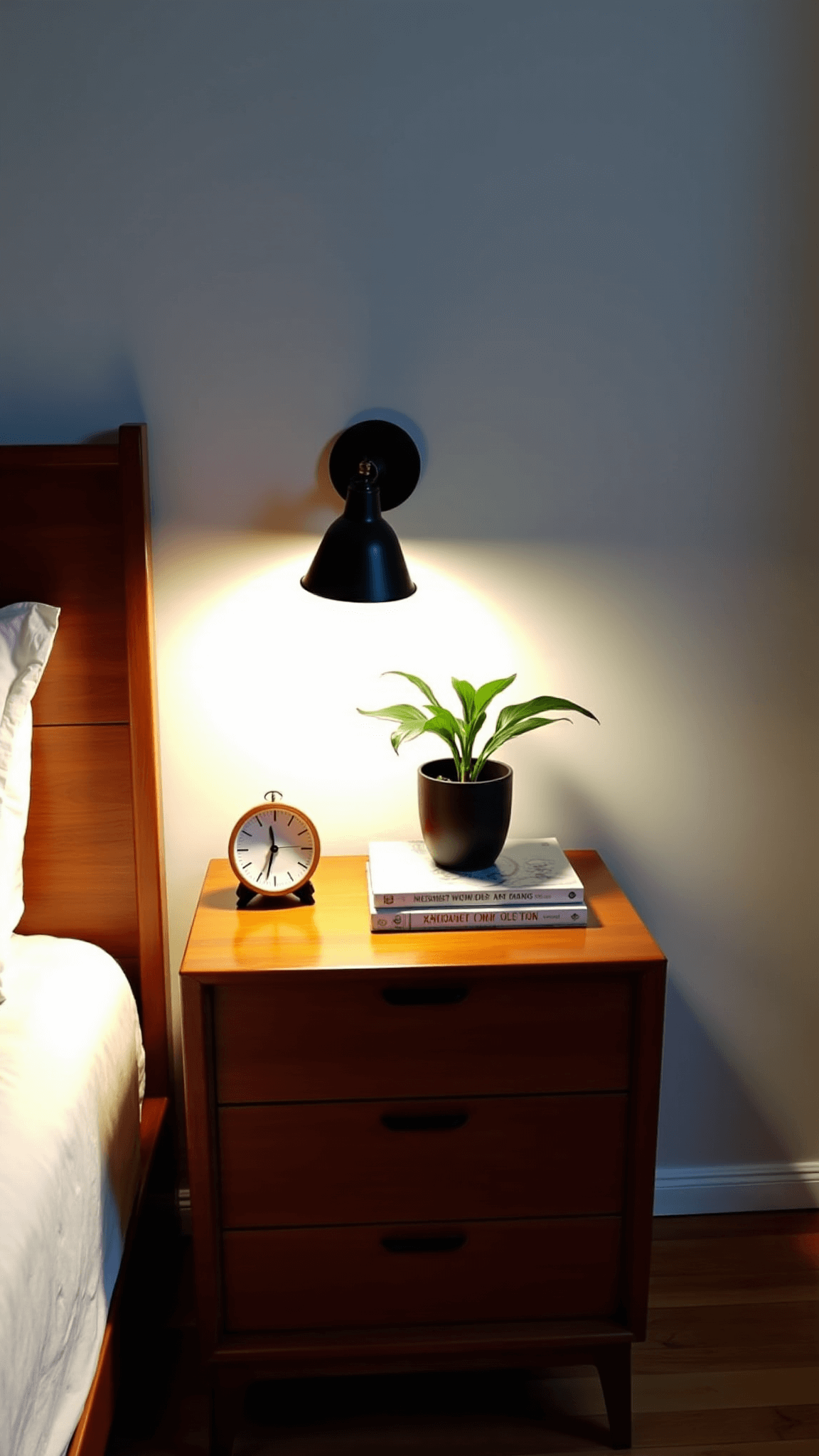 Mid-century teak nightstand under a modern sconce in a 12x14ft bedroom, styled with a white ceramic clock, small monstera plant in a matte black pot, and art books, bathed in warm artificial light and blue hour natural light from windows.