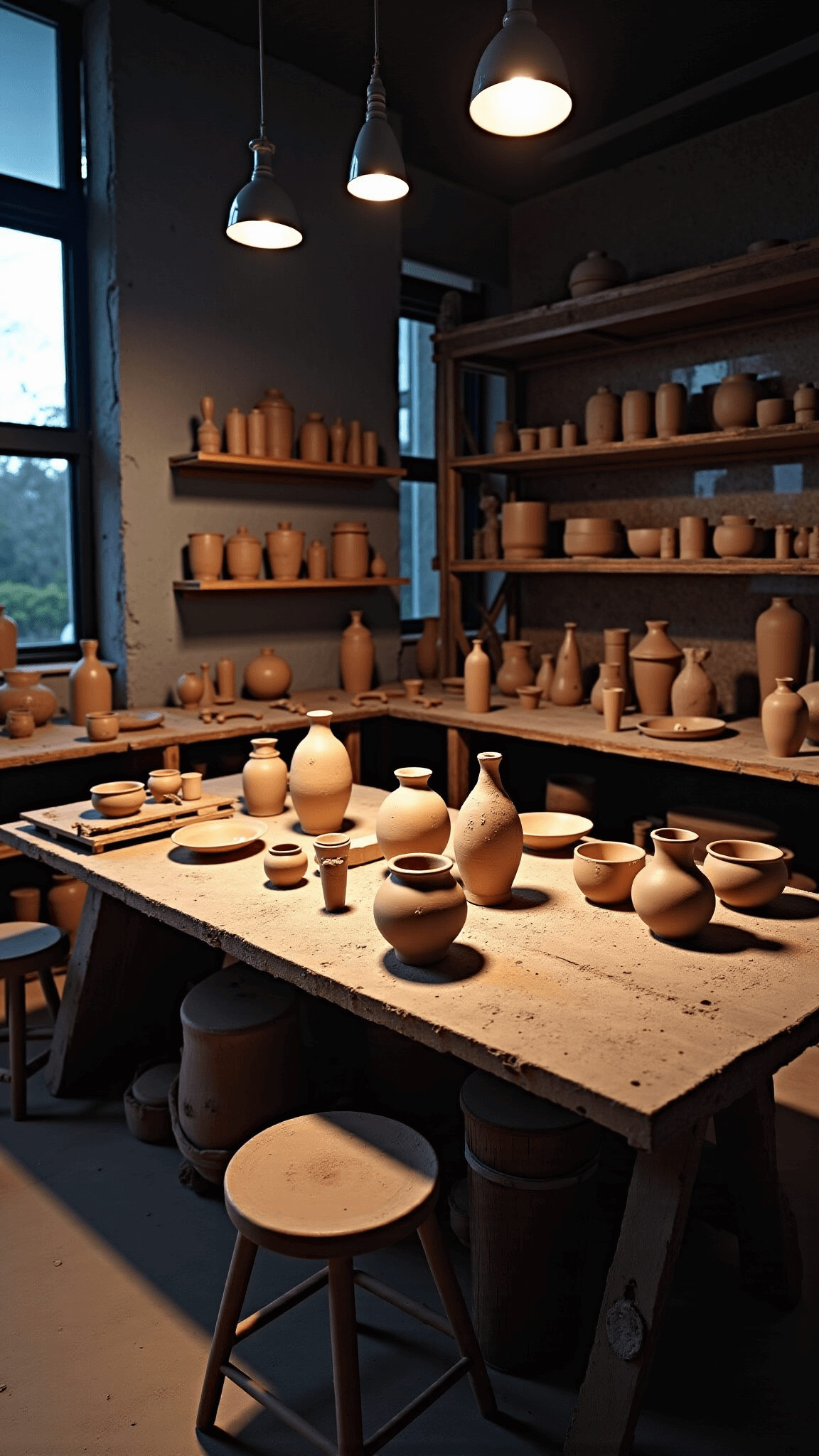 Documentary-style photograph of an artist's studio at dusk, featuring a clay-dusted wooden worktable, wabi-sabi artwork in progress, and truthfully presented creative process in earth tones.