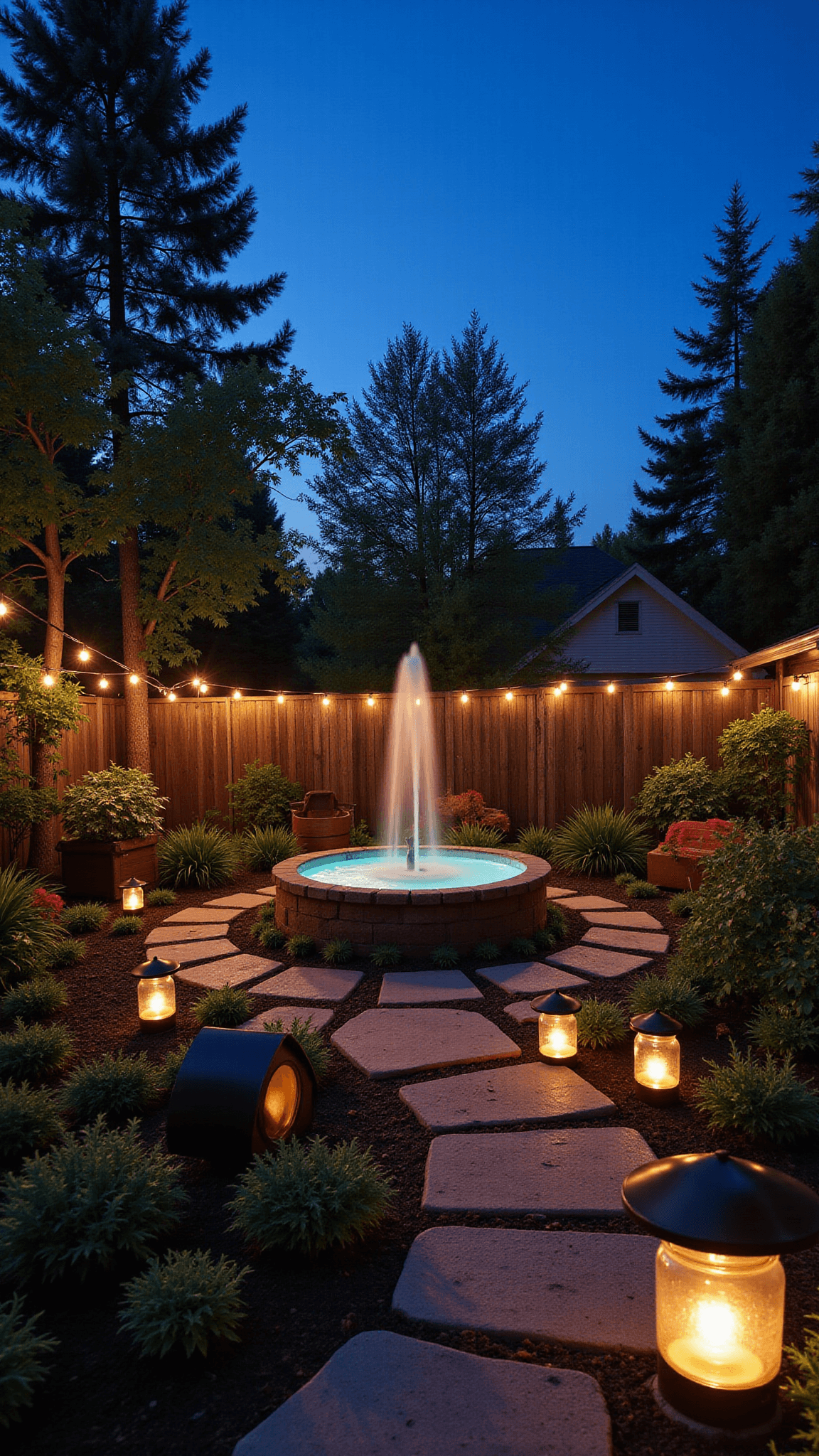 Twilight shot of whimsical garden sanctuary featuring illuminated fairy houses, glowing paths, twinkling lights, and a centered lit fountain, viewed from an elevated deck.