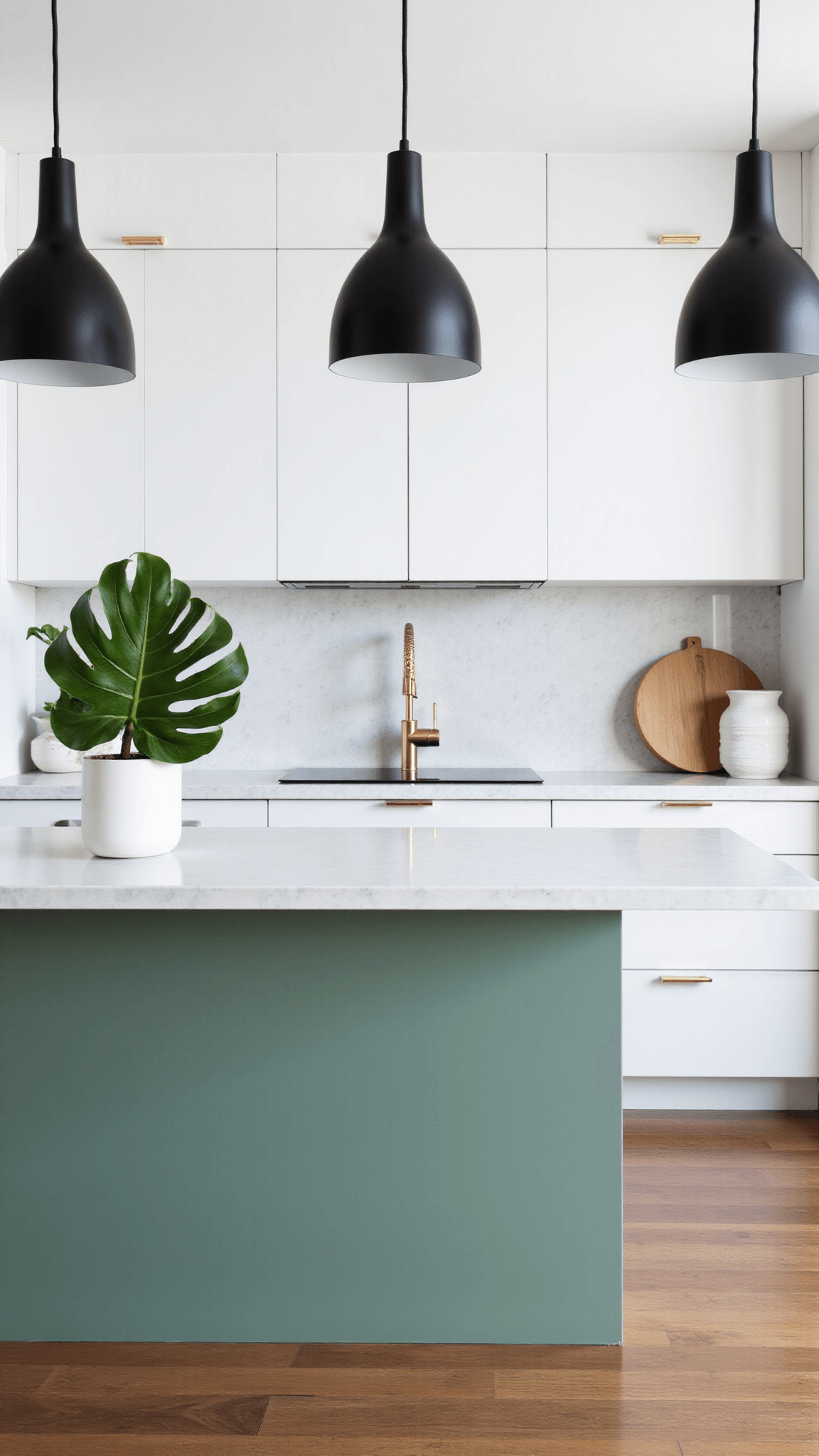 Modern 10x20ft galley kitchen with a sage green island featuring waterfall quartz countertops, paired with white cabinets, brass hardware and fixtures, matte black pendant lights, minimalist white ceramics and a monstera plant.