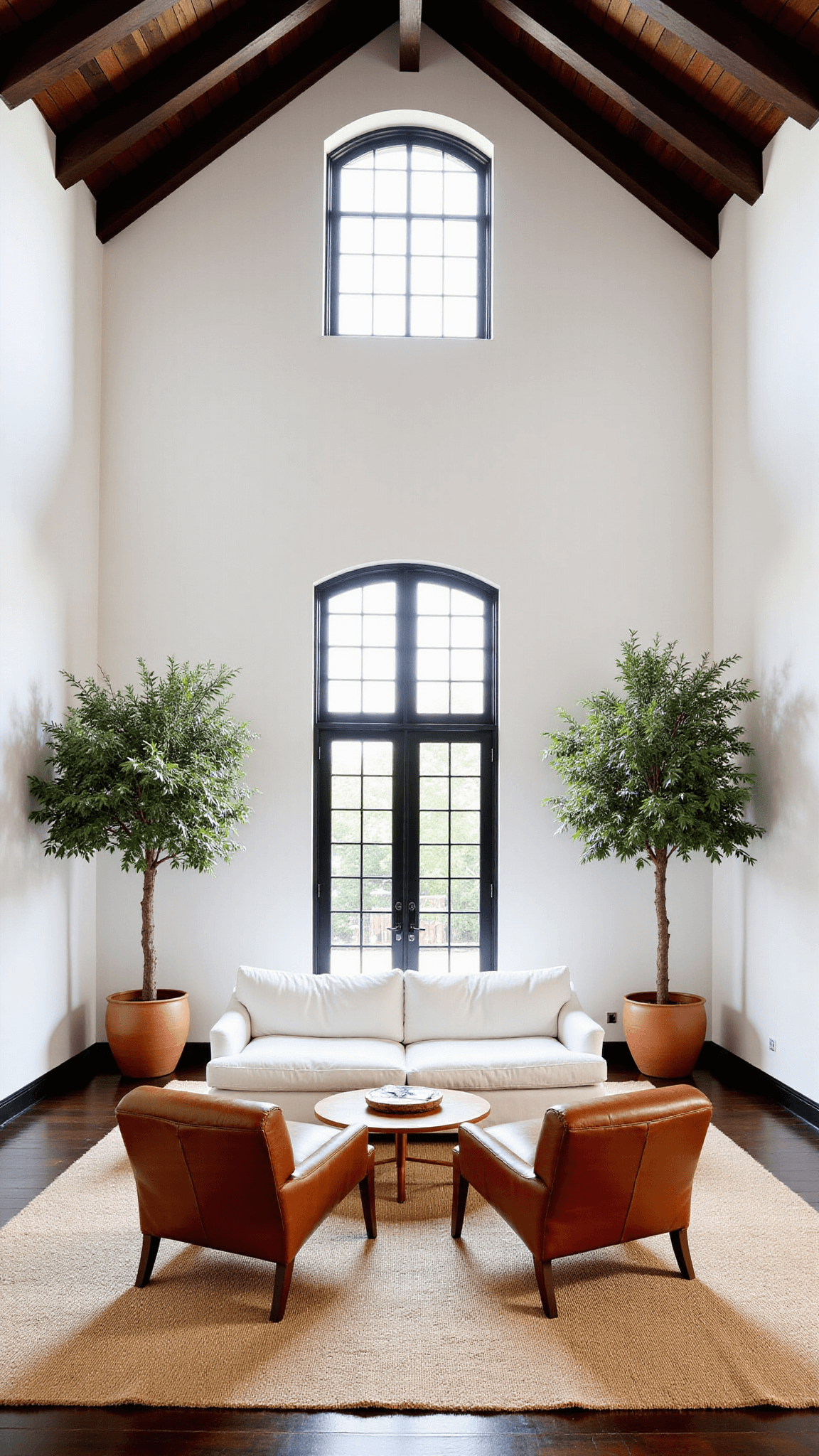 Sun-drenched great room with cathedral ceiling, dark wood beams, a large jute rug, white sofa, leather accent chairs, olive trees in terracotta planters and steel-framed french doors, shot during mid-morning.