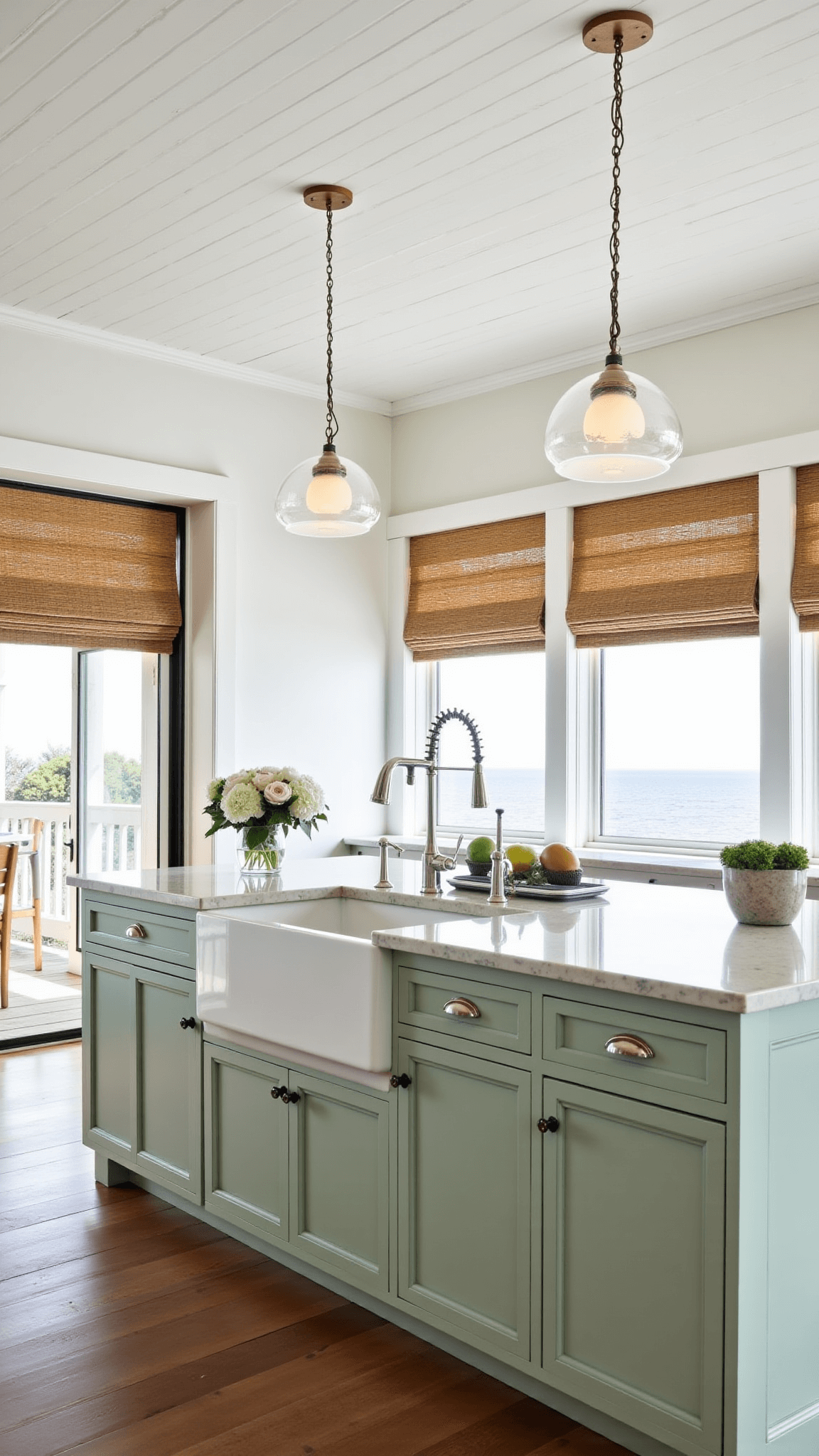 Coastal-inspired kitchen with soft sage lower cabinets, white upper cabinets, quartzite counters, rattan pendant lights, natural fiber roman shades and polished nickel hardware, showcasing an indoor-outdoor flow from a wide angle.