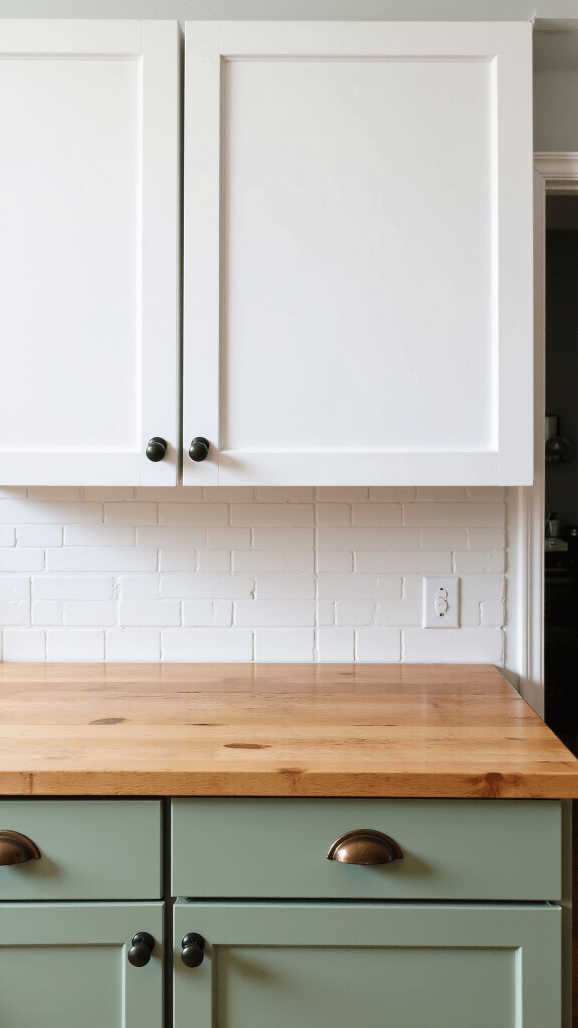 Renovated budget-friendly kitchen featuring sage green base cabinets, white upper cabinets, butcher block counters and white tile backsplash, lit by under-cabinet lighting.