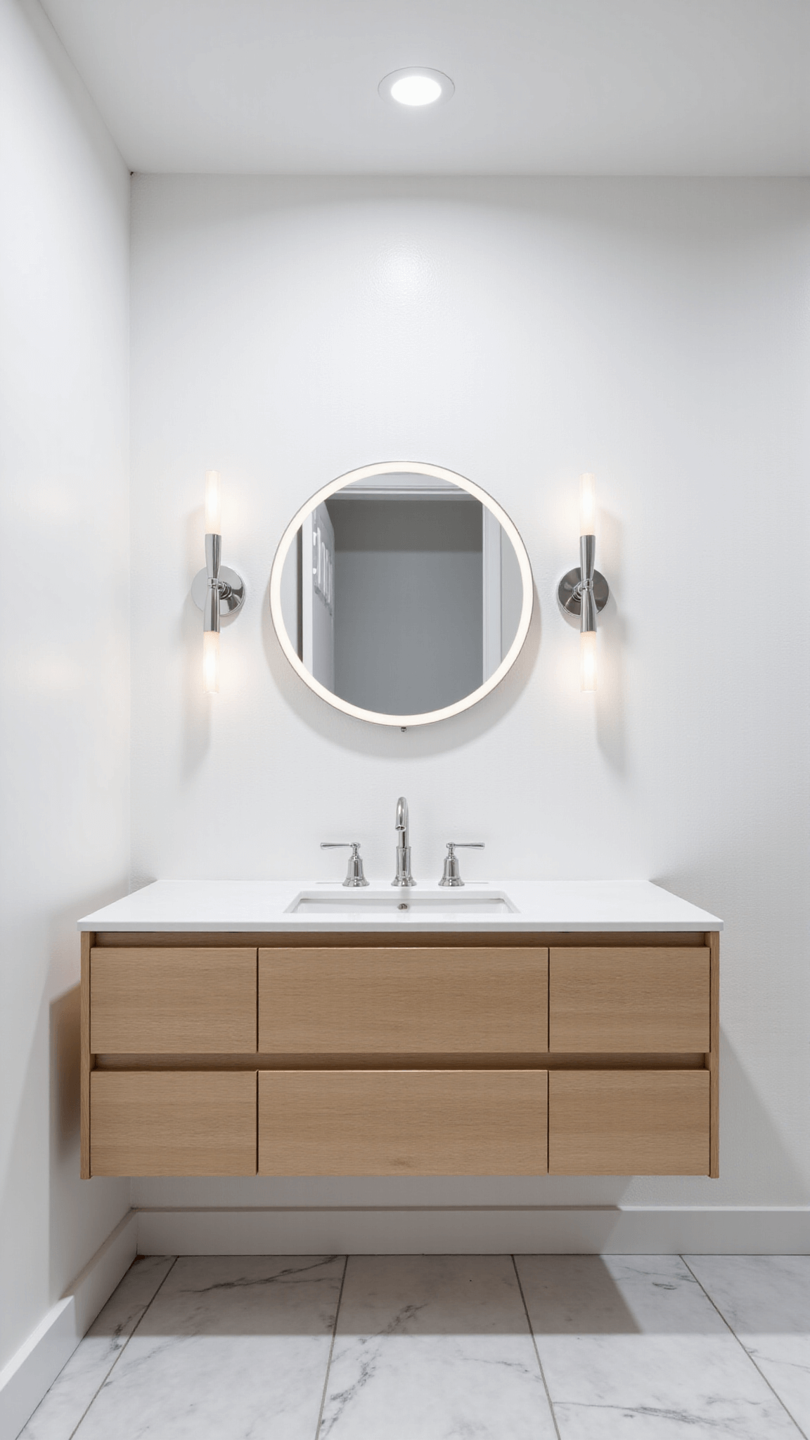 Modern, windowless bathroom with bleached oak floating vanity, layered lighting, Benjamin Moore 'Simply White' walls with textured wallpaper, and large marble-look tiles. Imaged from a high corner angle with a mid-morning lighting simulation.