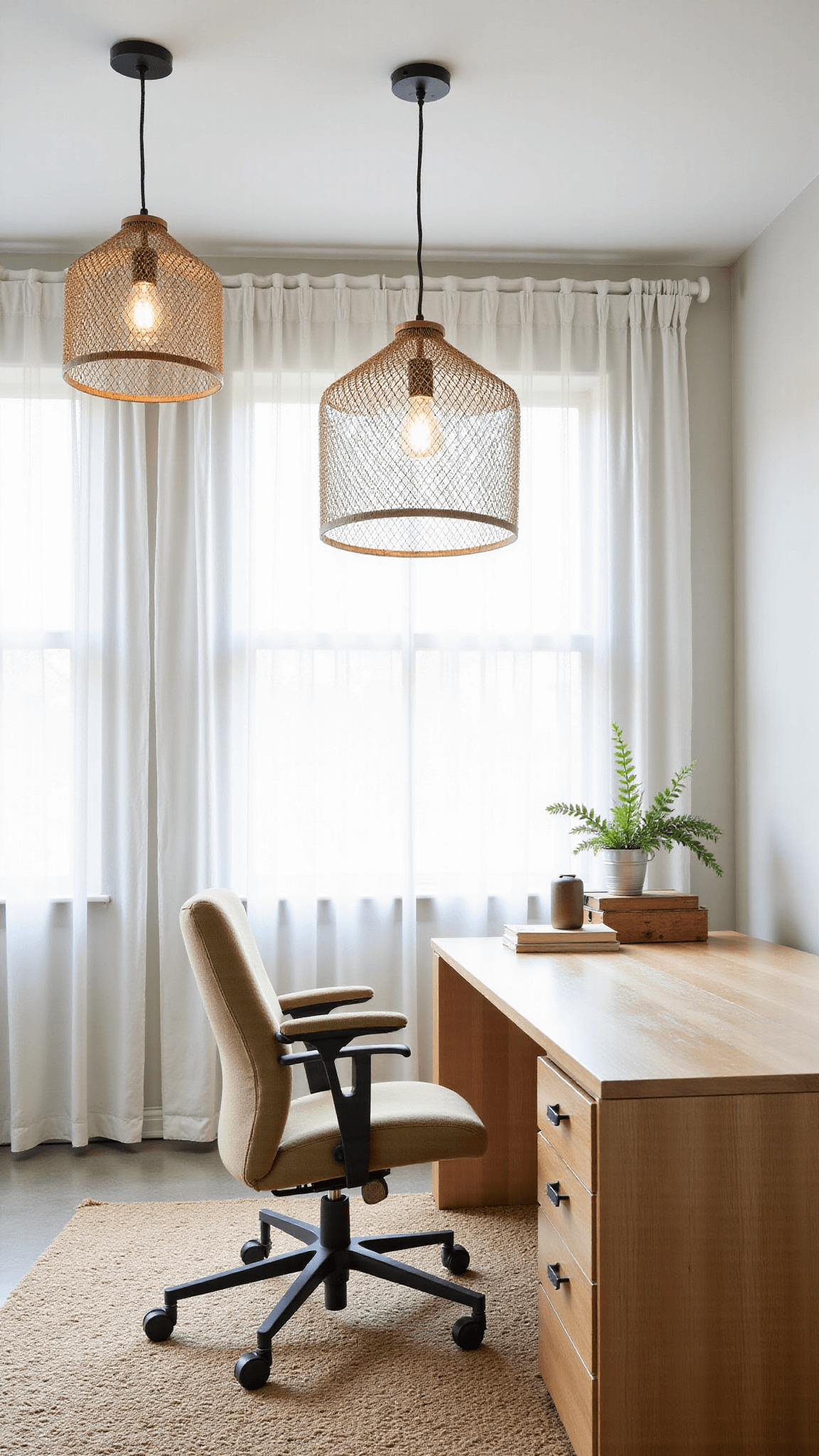 Modern 12x15ft home office with bleached oak floating desk, natural linen ergonomic chair, concrete floor with wool rug, two Troy Lighting mesh pendants, and sunlight streaming through vertical blinds.