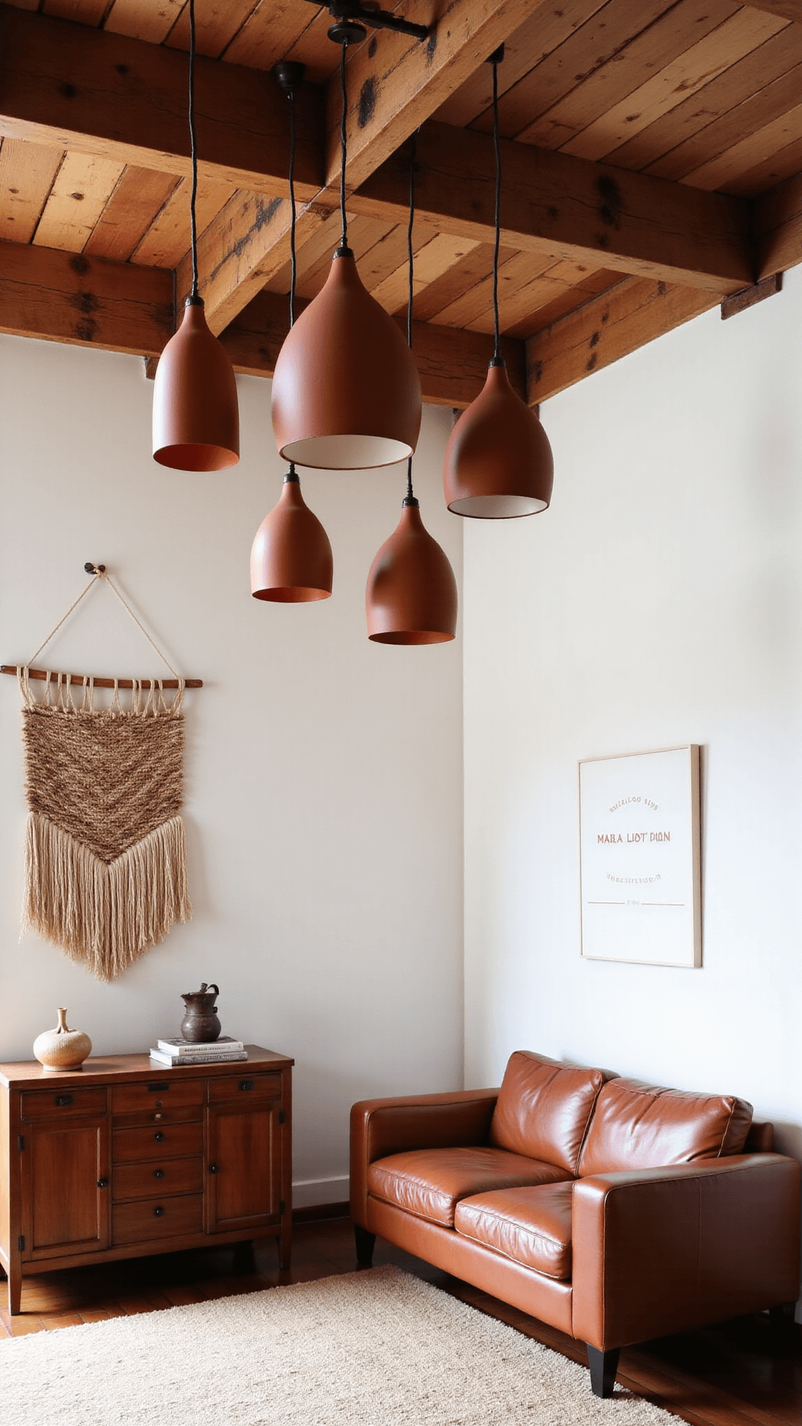 Modern-rustic design great room featuring exposed wooden beams, NYRALONDON clay pendants, vintage leather sofa, raw edge console table, hand-woven wall hanging, and mixed lighting with warm terracotta and natural wood tones.