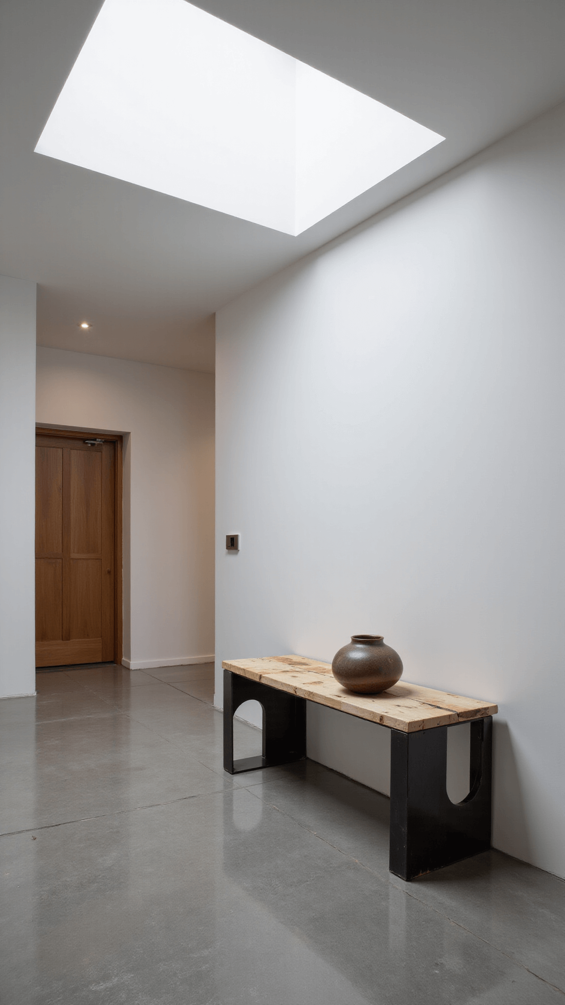 Aerial view of a contemporary 16x20ft foyer with an artisan fusion bench made of blackened steel and bleached maple burl, situated under a dramatic skylight and on polished concrete floors, embellished with a single oversized ceramic vessel.