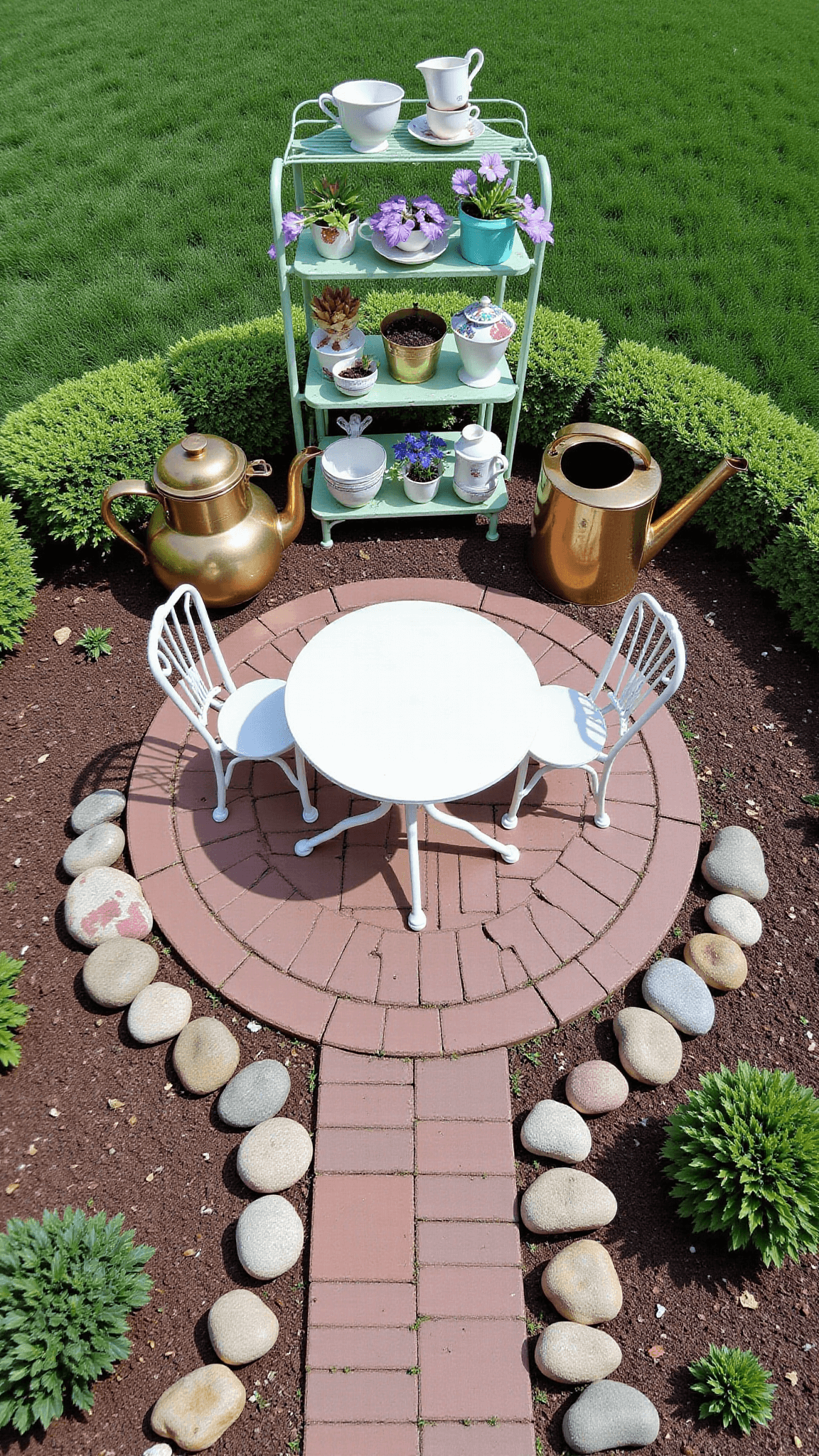Aerial view of a whimsical 16x16ft tea garden with vintage teacups as succulent planters on a mint green baker's rack, hand-painted rocks marking pathways, antique brass watering cans with clematis and a white iron bistro set on a circular brick patio.