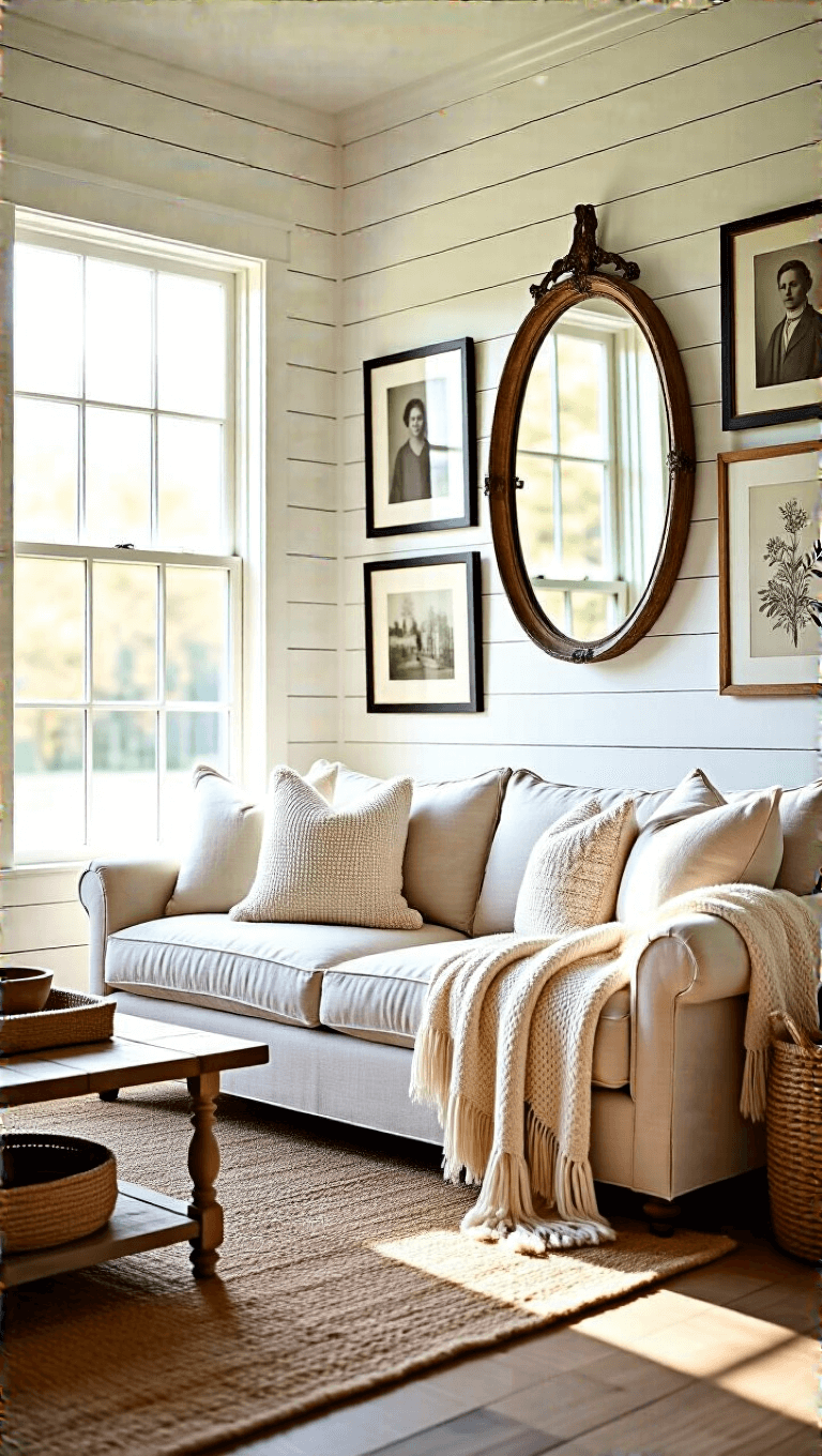 Sunlit farmhouse living room with white shiplap walls displaying a curated gallery mix, neutral linen sofa, jute rug, and woven baskets with muted cream and gray tones