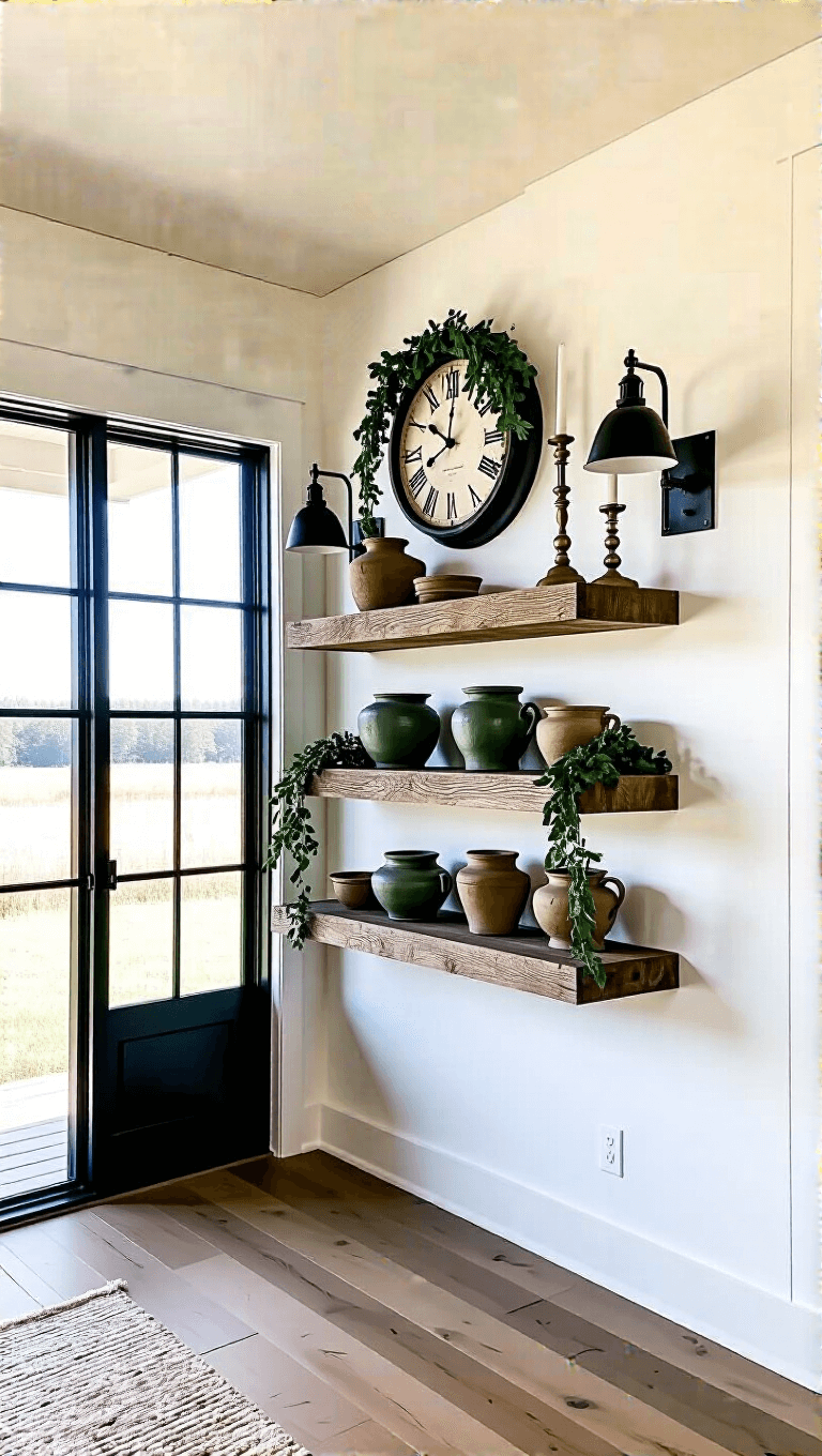 Modern farmhouse living room with warm wood tones and black accents, featuring a statement wall with styled reclaimed wood shelves, vintage pottery, brass candlesticks, and trailing greenery.