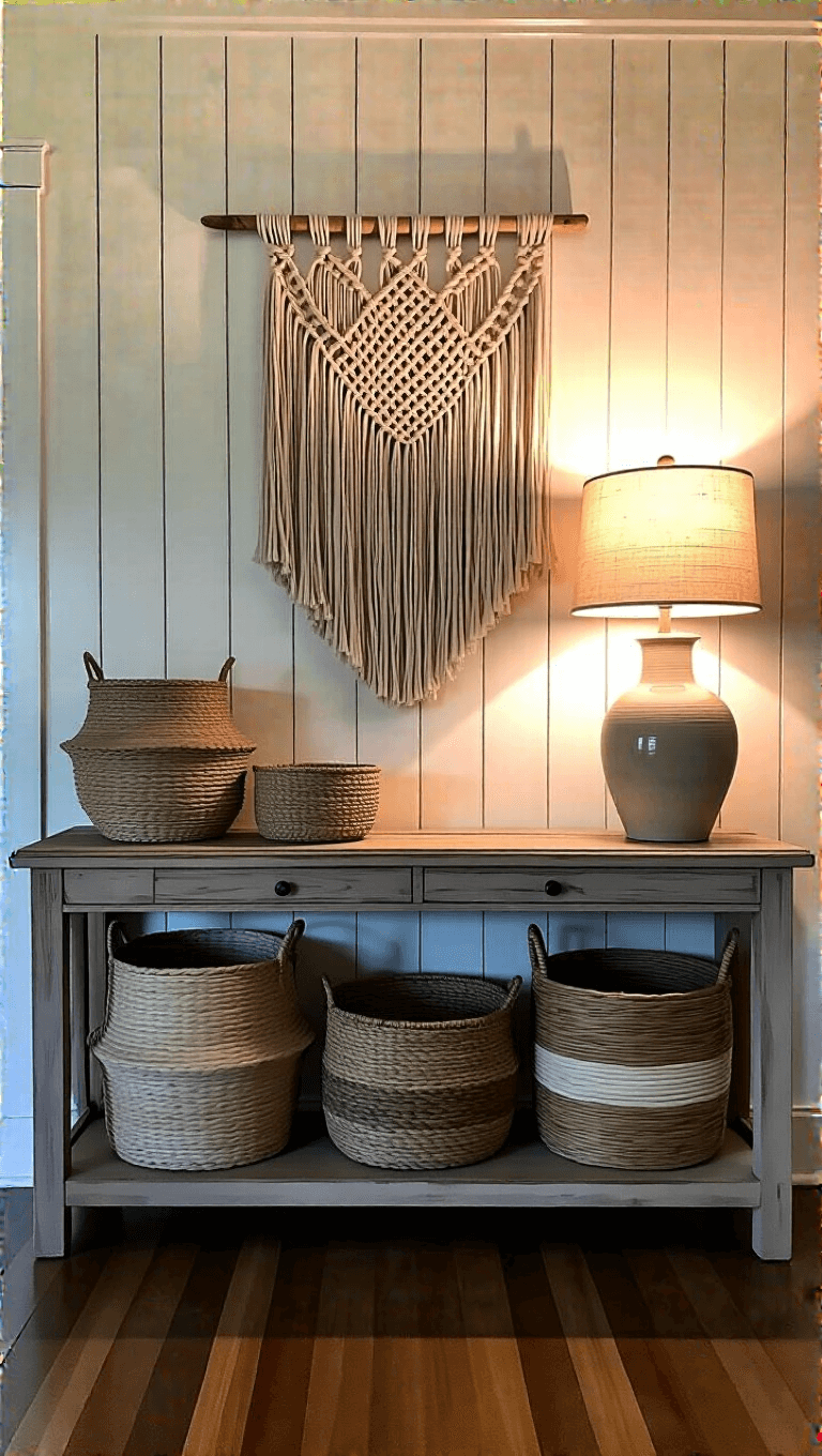 Dusk view of a cozy farmhouse sitting room featuring a textured shiplap wall adorned with vintage woven baskets and a central macramé, ambiently lit by a ceramic table lamp.