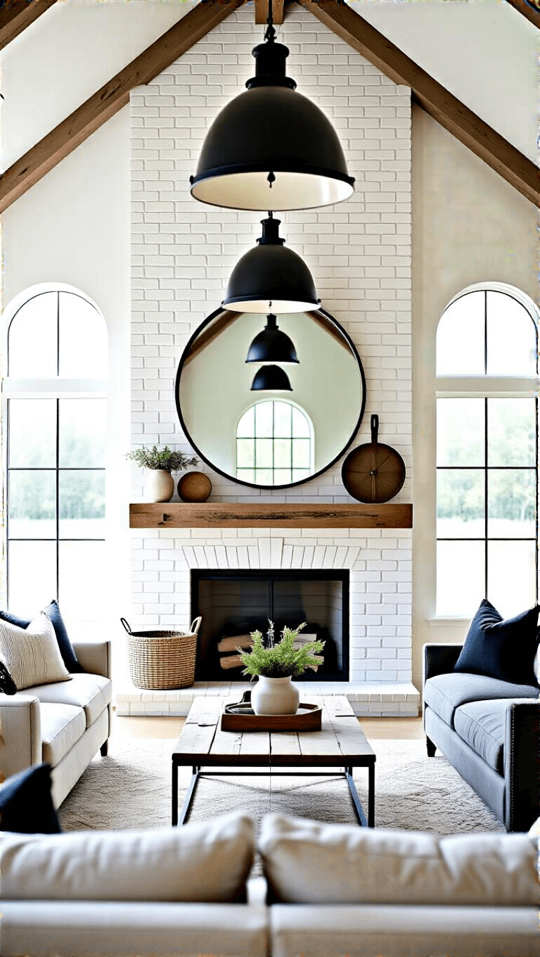 Modern farmhouse great room with whitewashed brick accent wall, oversized arched mirror, vintage salvage pieces, and black pendant lights in a bright, airy setting.