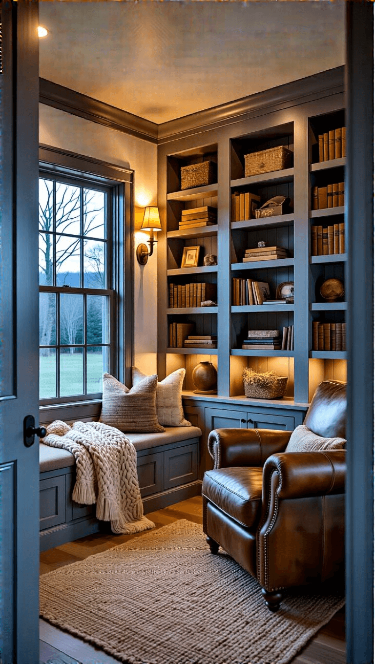 Cozy farmhouse den with reading nook, floor-to-ceiling bookshelves, and vintage decor during blue hour