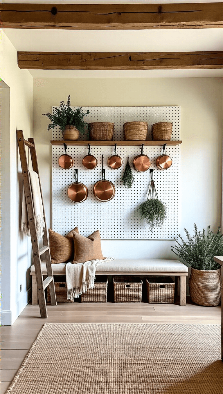 Open concept living area bathed in morning light, featuring exposed wooden beams, a distressed white pegboard wall adorned with copper pots and woven baskets, and a vintage ladder blanket display.