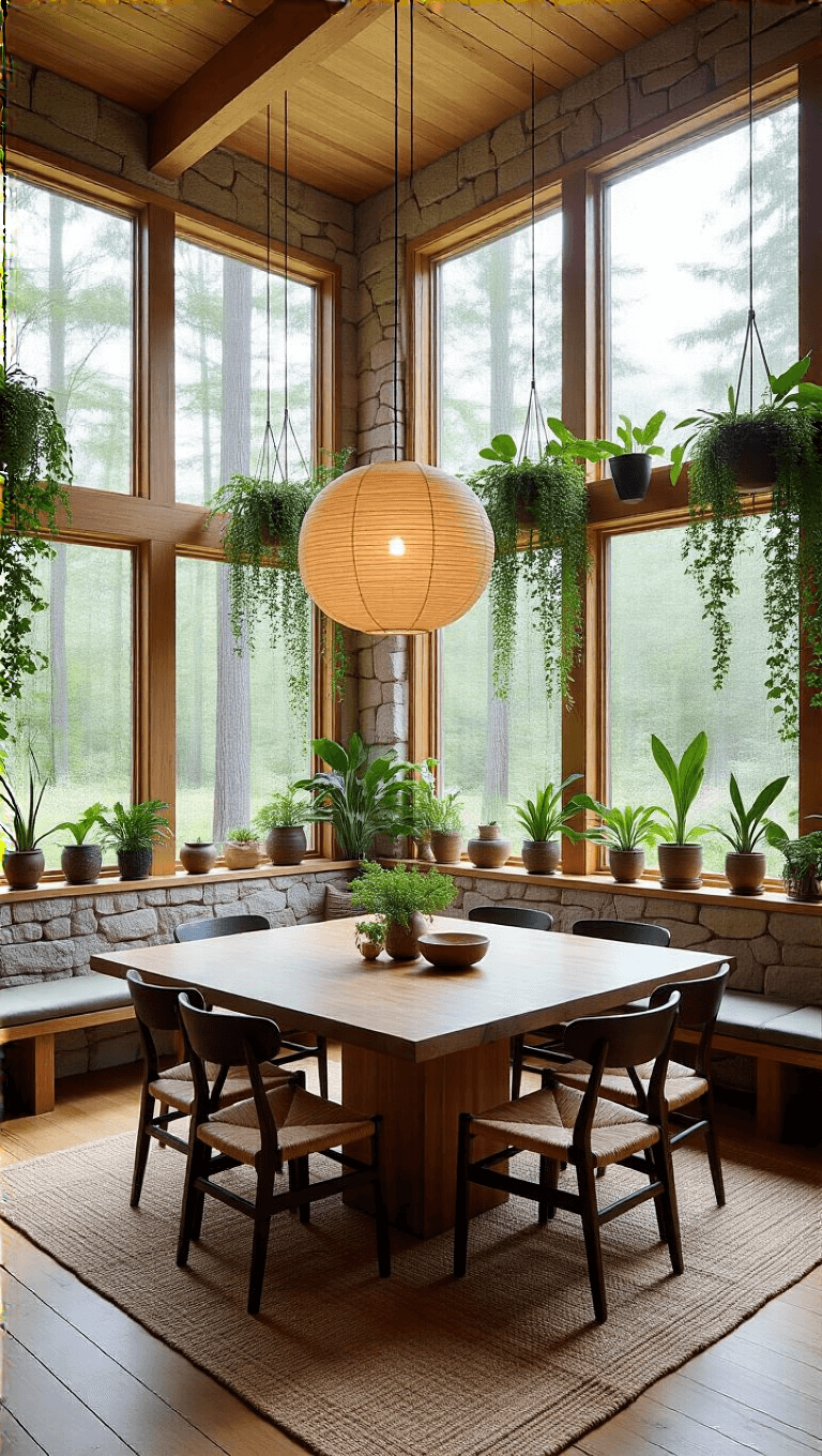 Spacious dining area with double-height windows providing forest views, raw walnut table, black oak chairs, stone accent wall with built-in seating, and potted plants creating a curtain effect, lit by a hanging rice paper pendant.