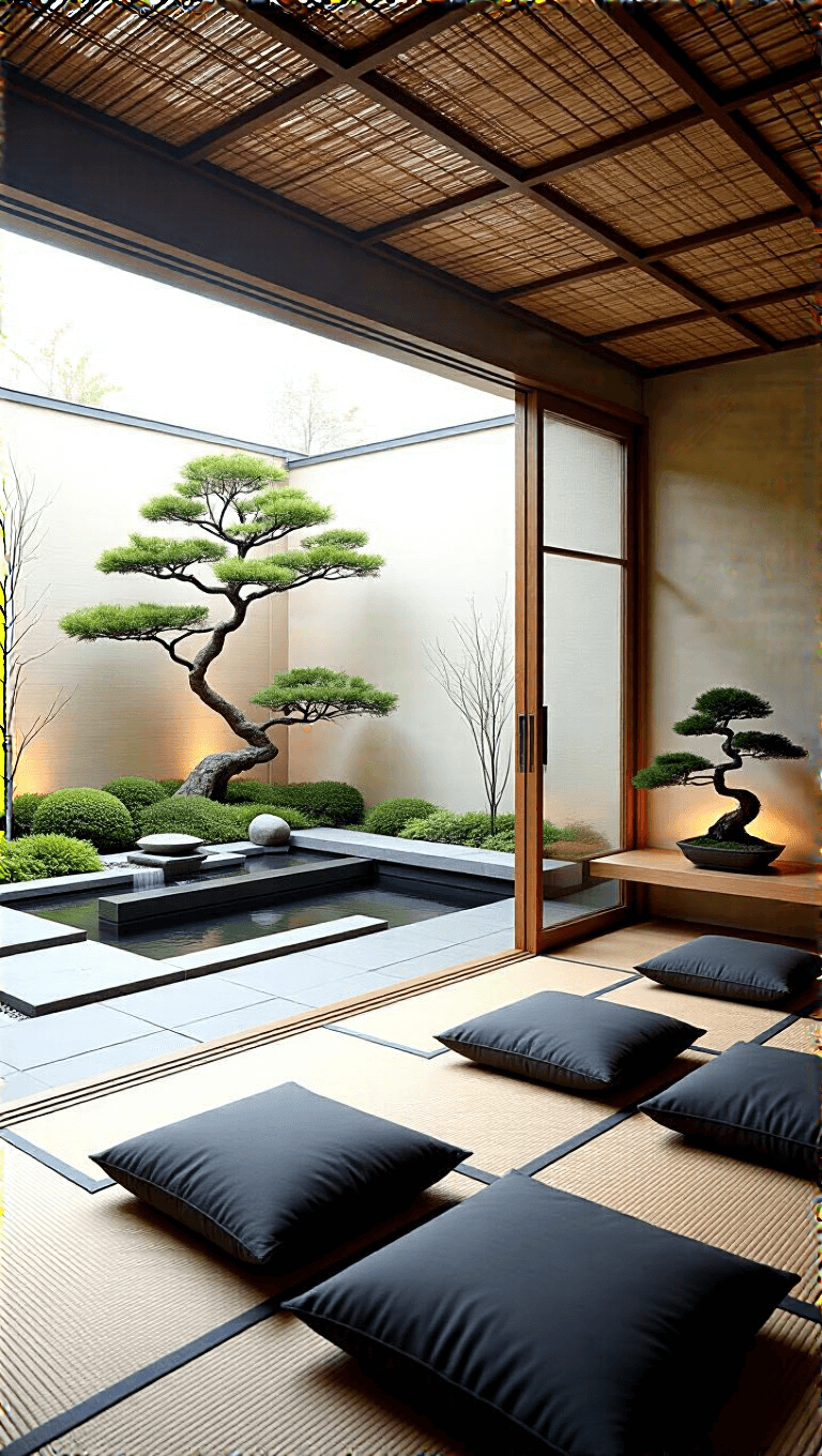 Meditation space with retractable glass panels, tatami mats, charcoal cushions, bonsai shelf display, natural stone water feature and bamboo ceiling, transitioning into a serene garden terrace; shot emphasizing indoor-outdoor flow.