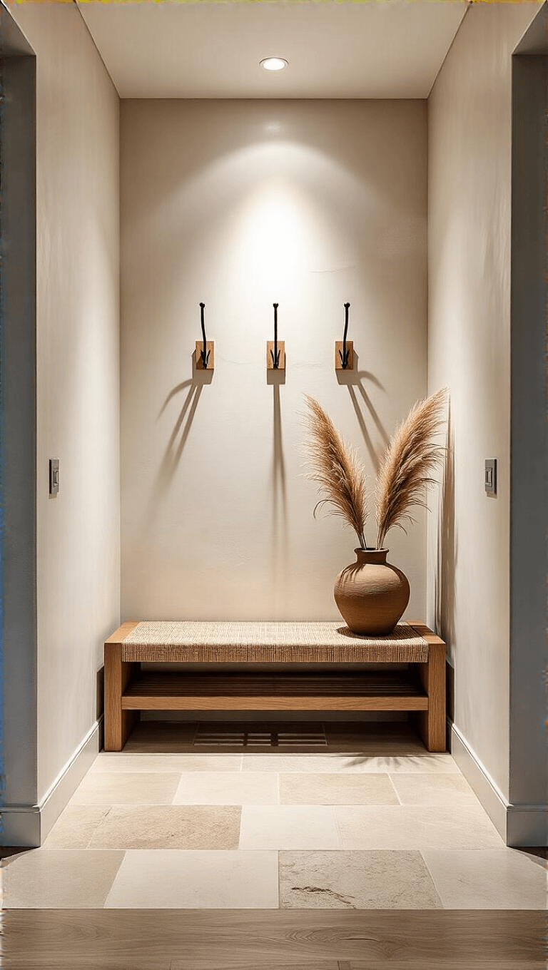 Spacious 6x8ft foyer with double-height ceiling, featuring a floating oak bench with woven seat, minimalist coat hooks, dried pampas grass in a ceramic vessel, textured plaster wall with LED lighting, and natural stone floor transitioning to wood.