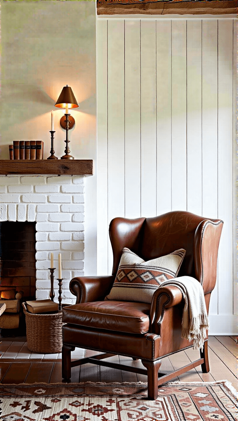Cozy 15x18ft farmhouse sitting room highlighted at dusk with a weathered leather armchair, whitewashed brick fireplace, copper wall sconces, vertical shiplap walls, vintage kilim pillows, chunky wool throw, and brass candlesticks on display.