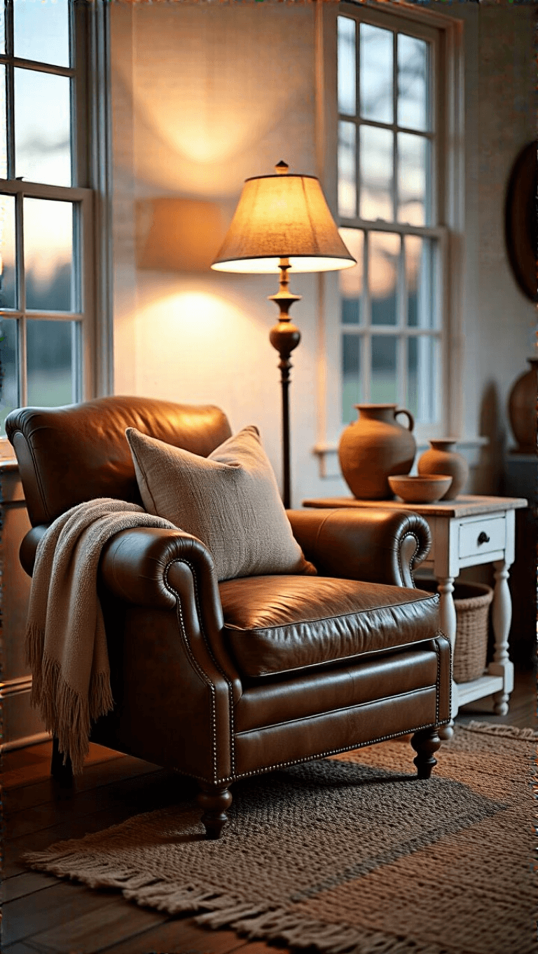 Cozy farmhouse living space at dusk with weathered leather armchair, vintage brass floor lamp, and ceramic-filled distressed side table, exuding warmth through low, ambient lighting.