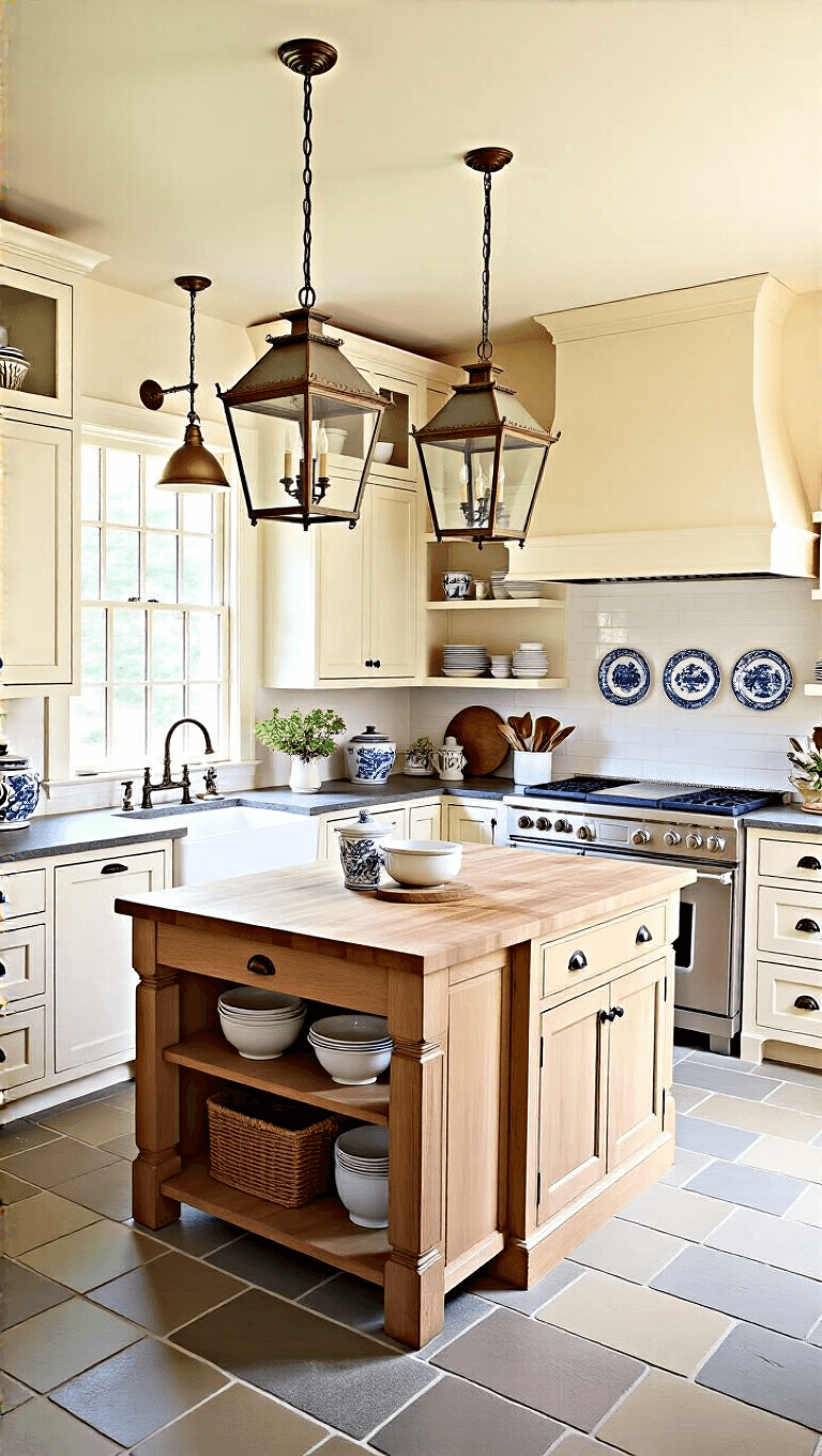 Overhead view of a bright country kitchen with cream cabinets, soapstone counters, limestone floor, and a butcher block island under antique brass lanterns, displaying collections on open shelving.