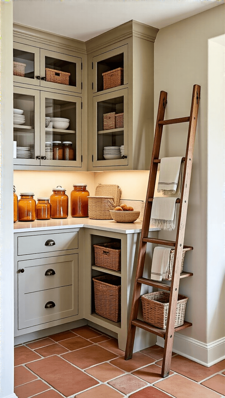 Cozy farmhouse kitchen corner with floor-to-ceiling pantry in Sherwin-Williams 'Accessible Beige', glass-front cabinets filled with amber jars and woven baskets, vintage ladder access to upper storage, terracotta floor tiles, highlighted by directional lighting.