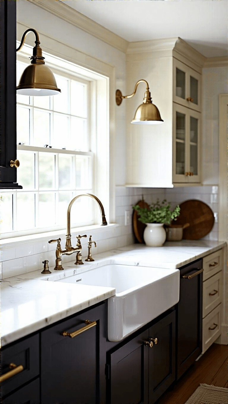 Traditional-modern kitchen with polished nickel gooseneck sconces, white oak cabinets, charcoal painted island, and marble farmhouse sink highlighted by morning light.