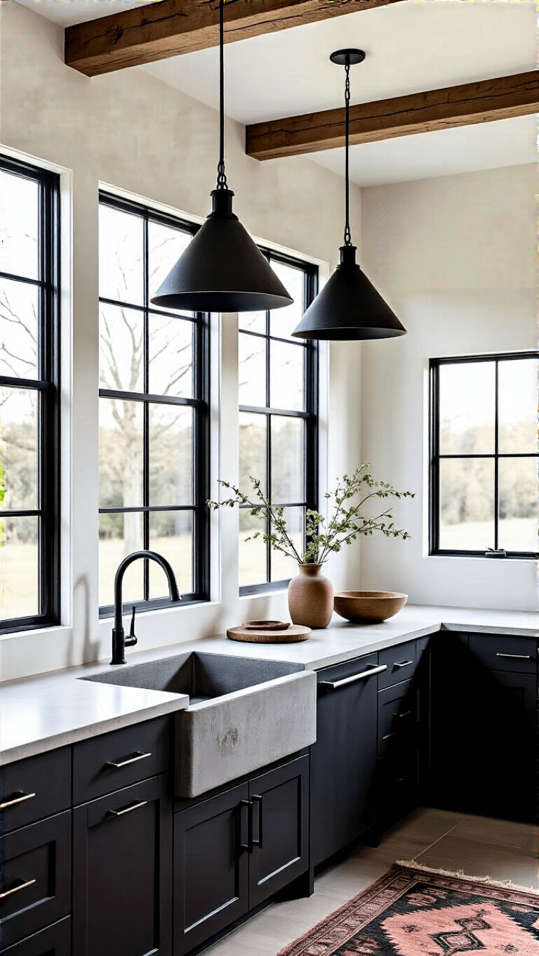 Sophisticated modern farmhouse interior featuring steel-framed windows, matte black geometric pendants, a concrete sink, dark stained oak furniture with blackened steel, and vintage patterned rugs, illuminated by mid-morning light creating graphic shadows.