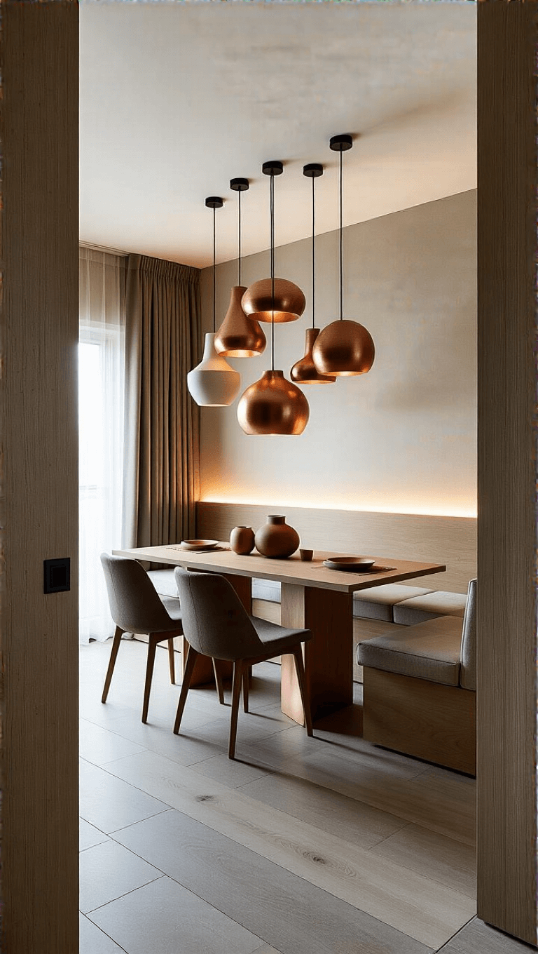 Evening view of a greige and charcoal themed 18x20ft studio apartment with wood, paper, and ceramic decor, featuring a clustered pendant light arrangement defining dining and lounge areas, shot from the entrance highlighting the room's spatial flow and copper accents.