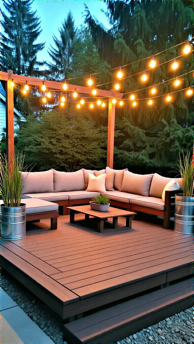 DIY deck transformation featuring a 14x20ft dark walnut stained pine platform, modular furniture with neutral cushions, repurposed wooden spool tables, bamboo planters, and string light canopy in a warm sunset setting.