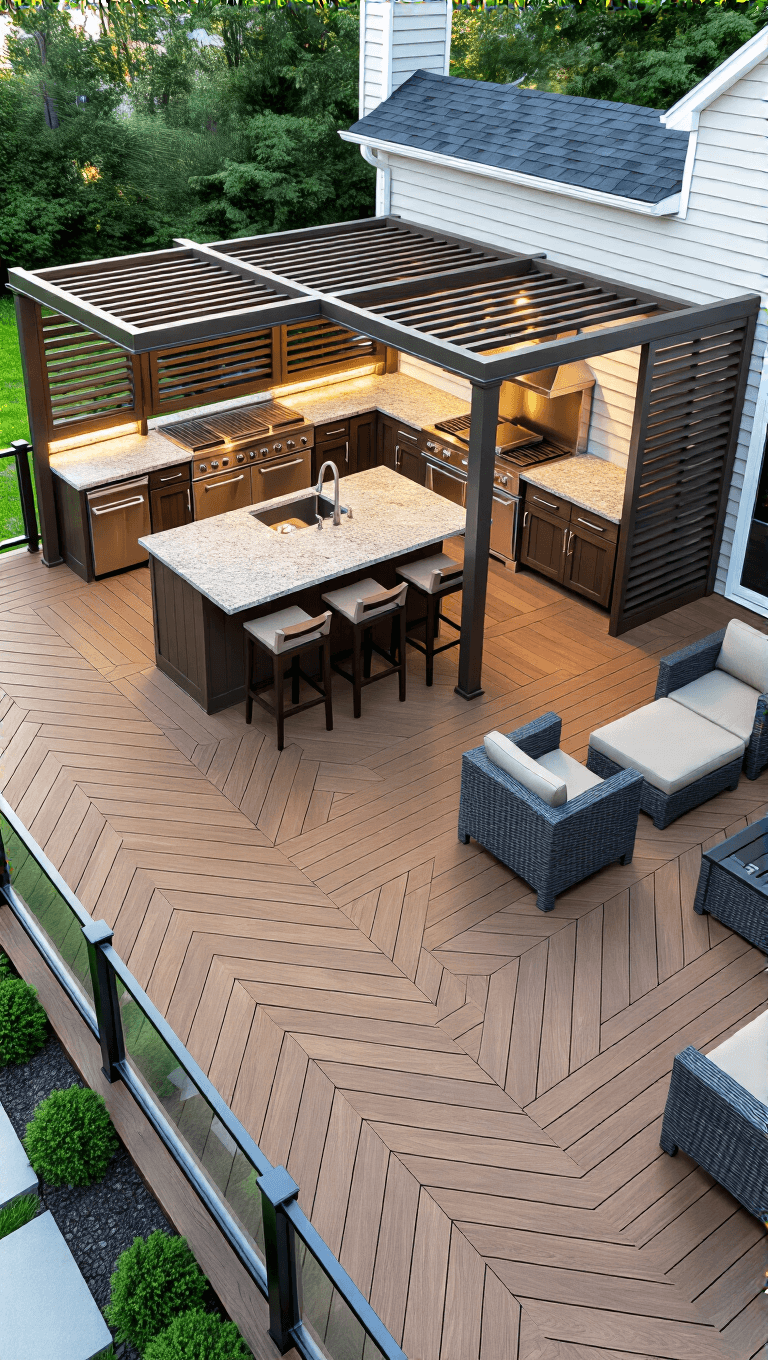 Elevated 3/4 view of a 24x36ft professional deck design featuring a covered dining area, built-in granite kitchen island, louvered pergola, hardwood decking in chevron pattern, glass wind barriers, contemporary weatherproof furniture, and integrated mood lighting emphasizing premium materials and craftsmanship.