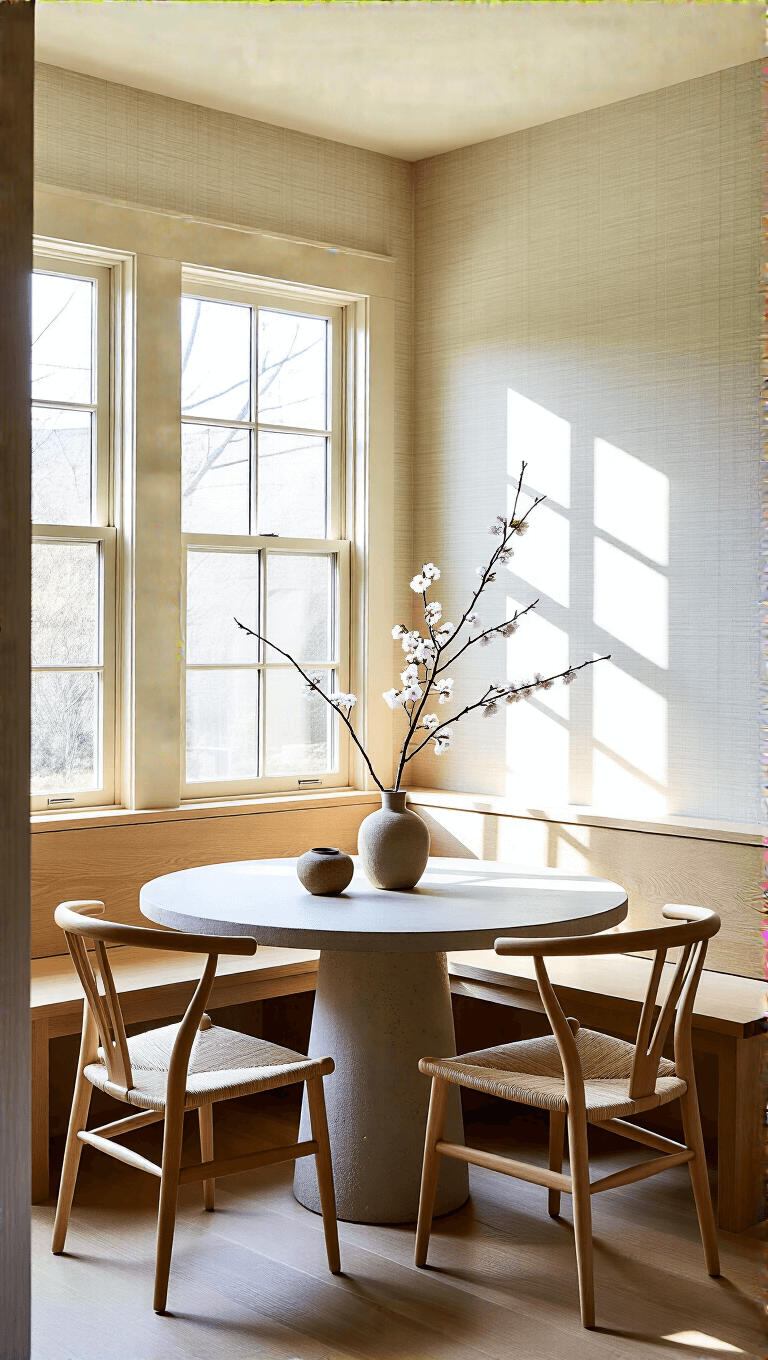 Intimate dining nook with bench seating, illuminated by golden hour light pouring through western windows, showcasing chairs with Shinto-inspired design, a round concrete-top table, a cherry blossom branch in a ceramic vase, against textured ivory wallpaper.