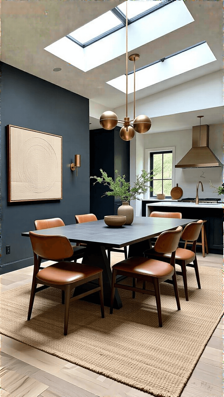 Sophisticated open-concept dining room and kitchen with skylight lighting, Bok-style chairs around an oval table, charcoal accent wall with minimalist art, jute rug, and raw brass pendant lights.