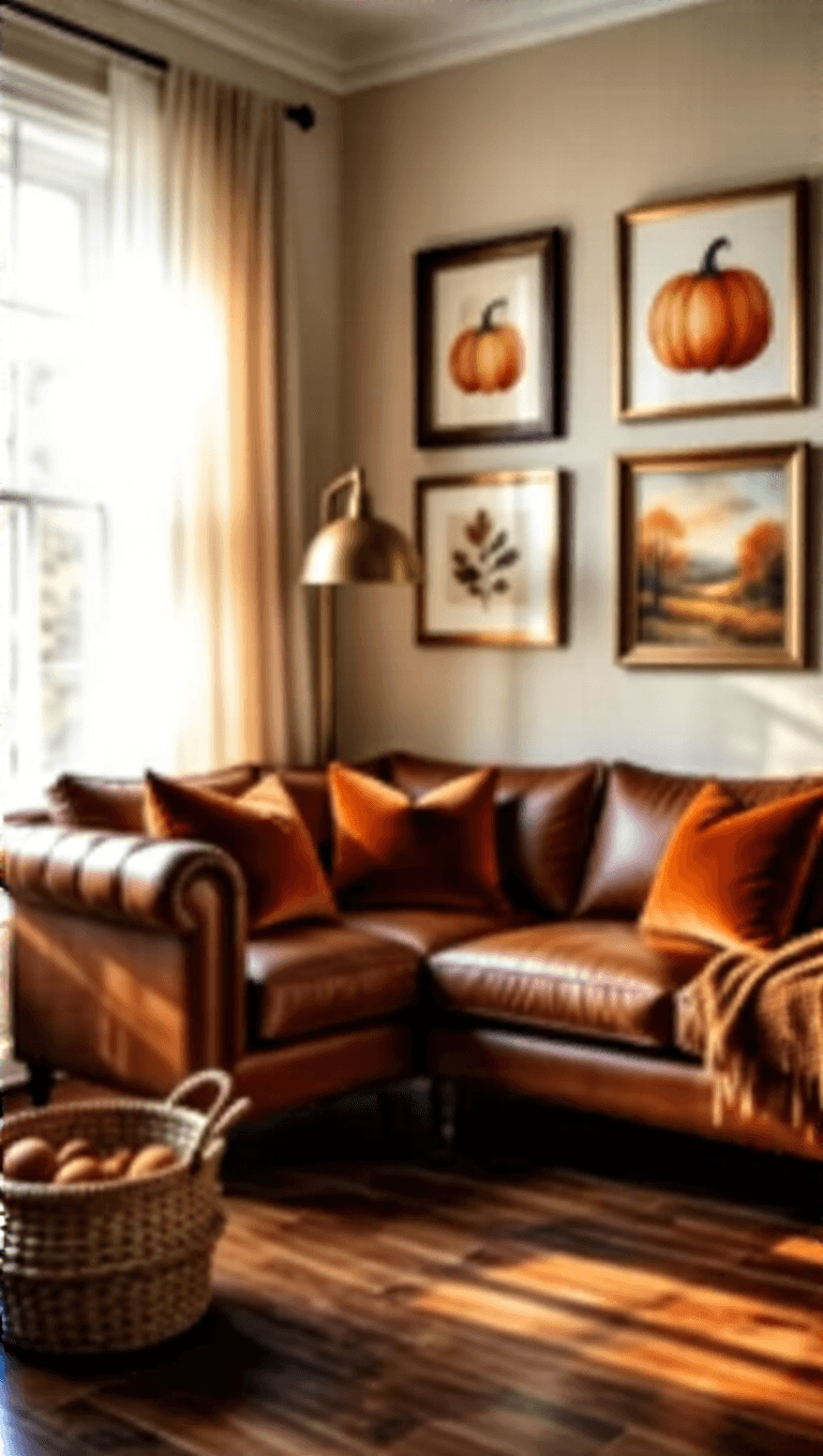 Warm, spacious living room bathed in golden hour light showcasing a vintage gallery wall with botanical and autumn-themed artworks, cognac leather sofa with rust cushions, and brass floor lamp, shot from a 5ft height at f/2.8.
