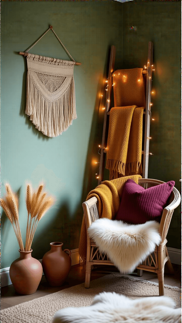 Cozy living room nook at dusk with rustic ladder display, hand-knit throws, vintage rattan armchair, and ceramic vases against sage green walls