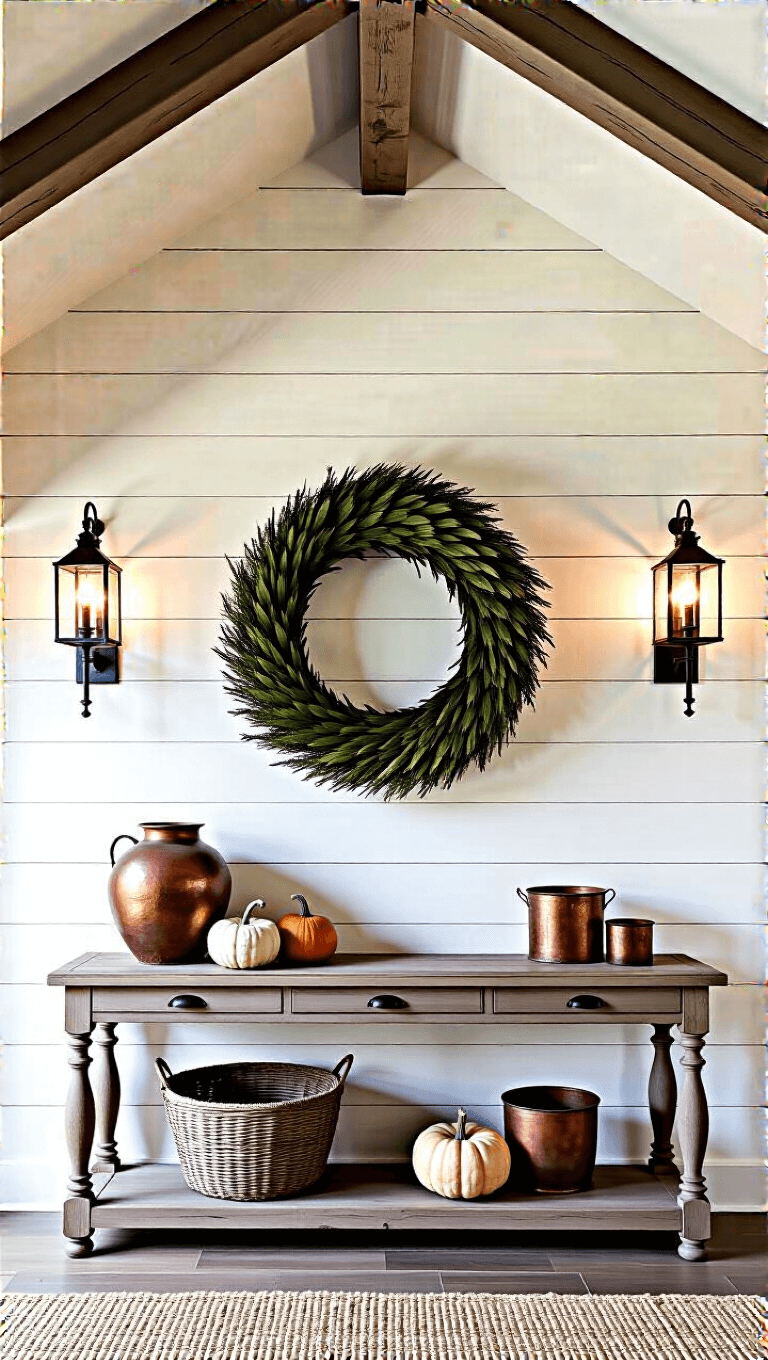 Morning light illuminating a modern farmhouse living room with high vaulted ceilings, exposed beams, a large iron harvest wreath on a shiplap wall, industrial sconces, and a console table with seasonal decorations.